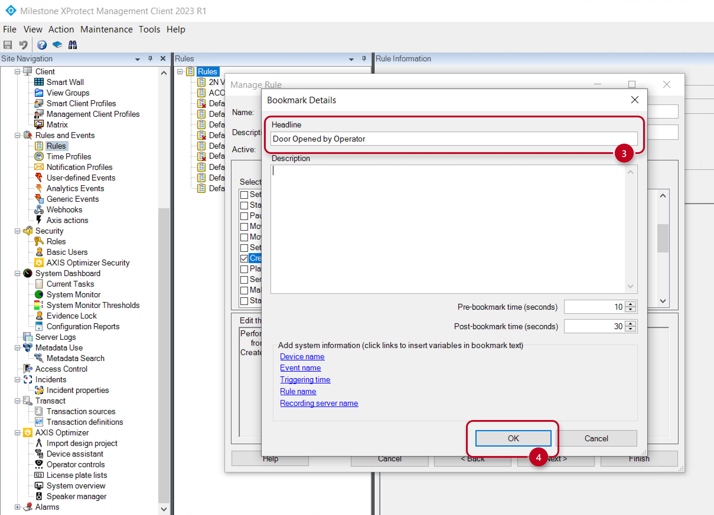 Milestone - Manage rule - Action to perform - Bookmark details Milestone - Manage rule - Action to perform - Bookmark details