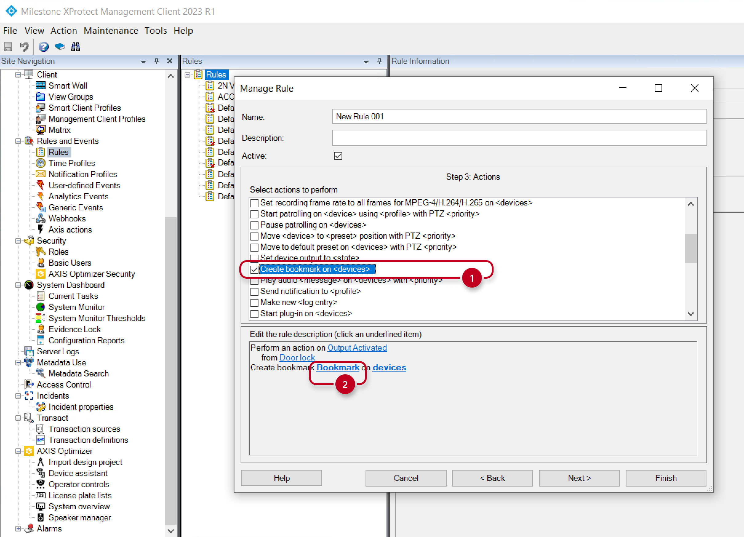 Milestone - Manage rule - Action to perform Milestone - Manage rule - Action to perform