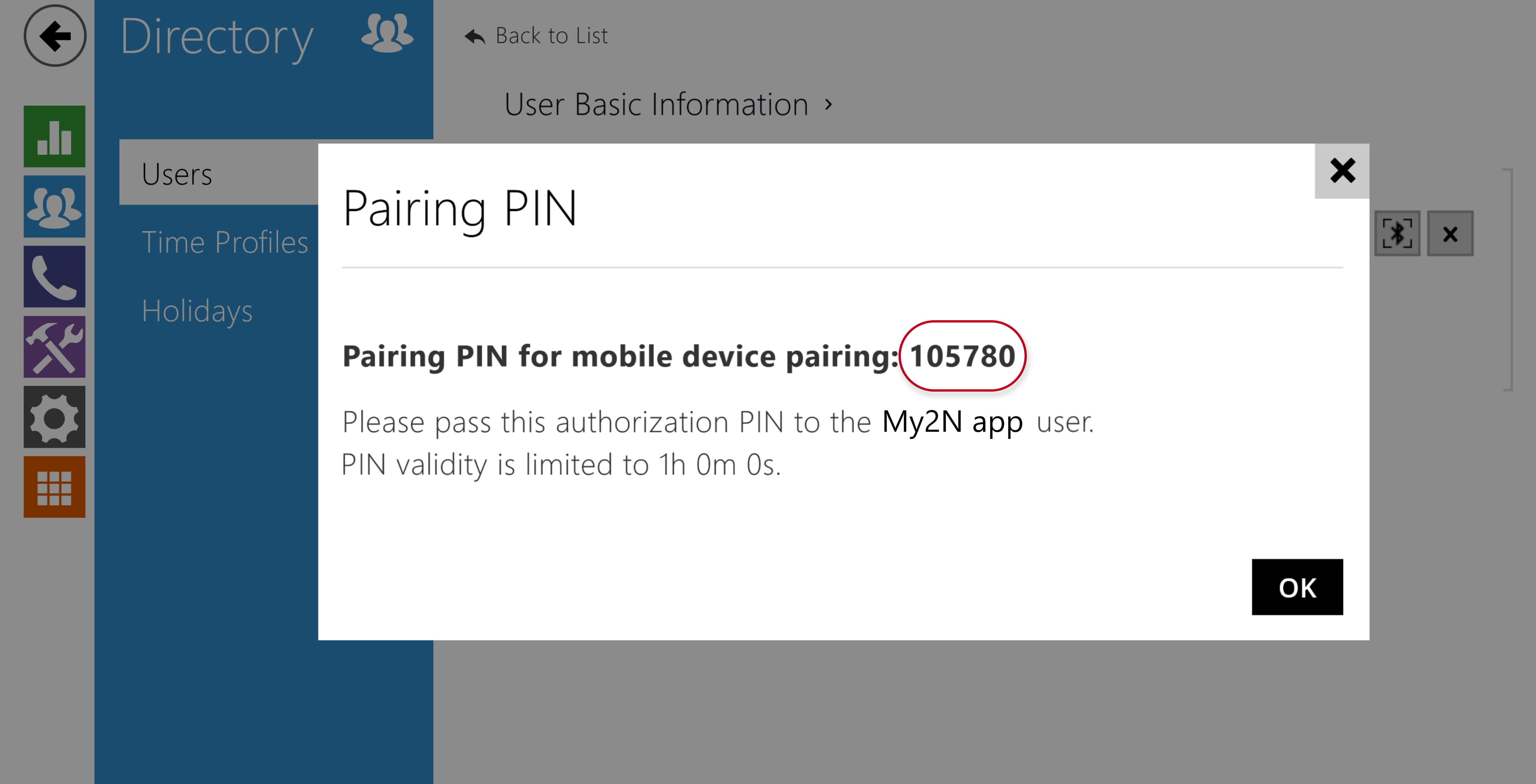 2N IP intercom - Directory - Users - WaveKey - Pairing PIN