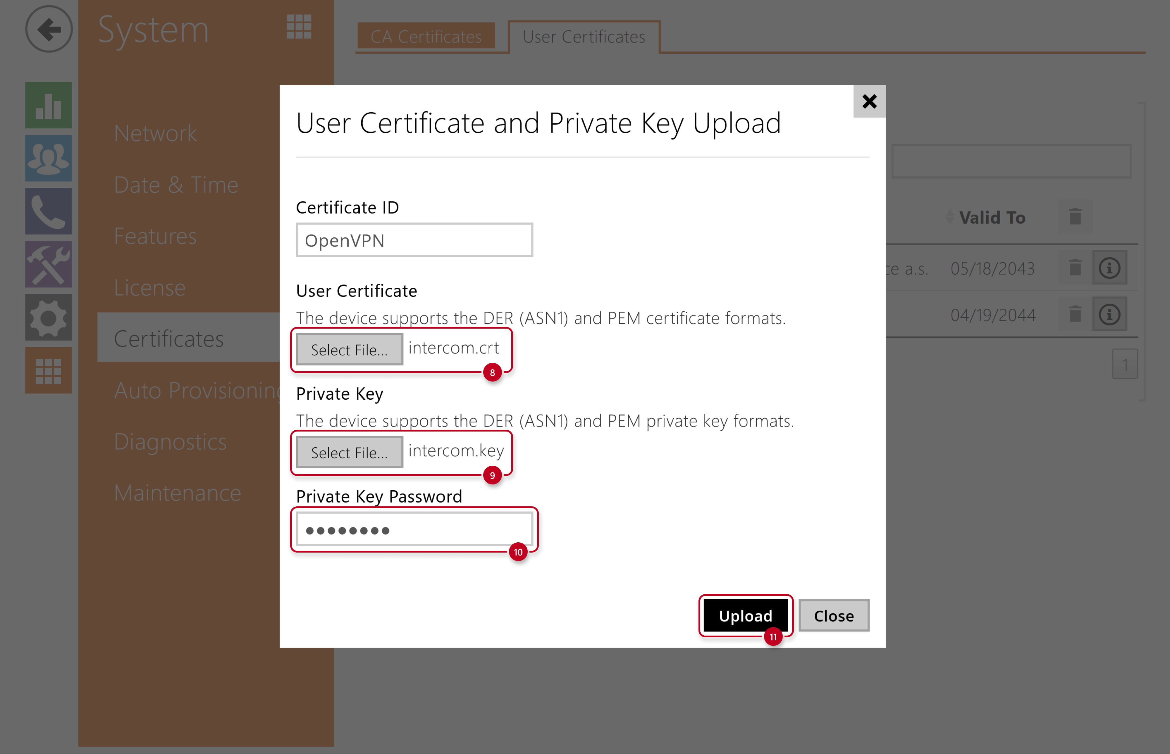 2N IP Intercom - System - Certificates - User Certificates - Certificate Upload