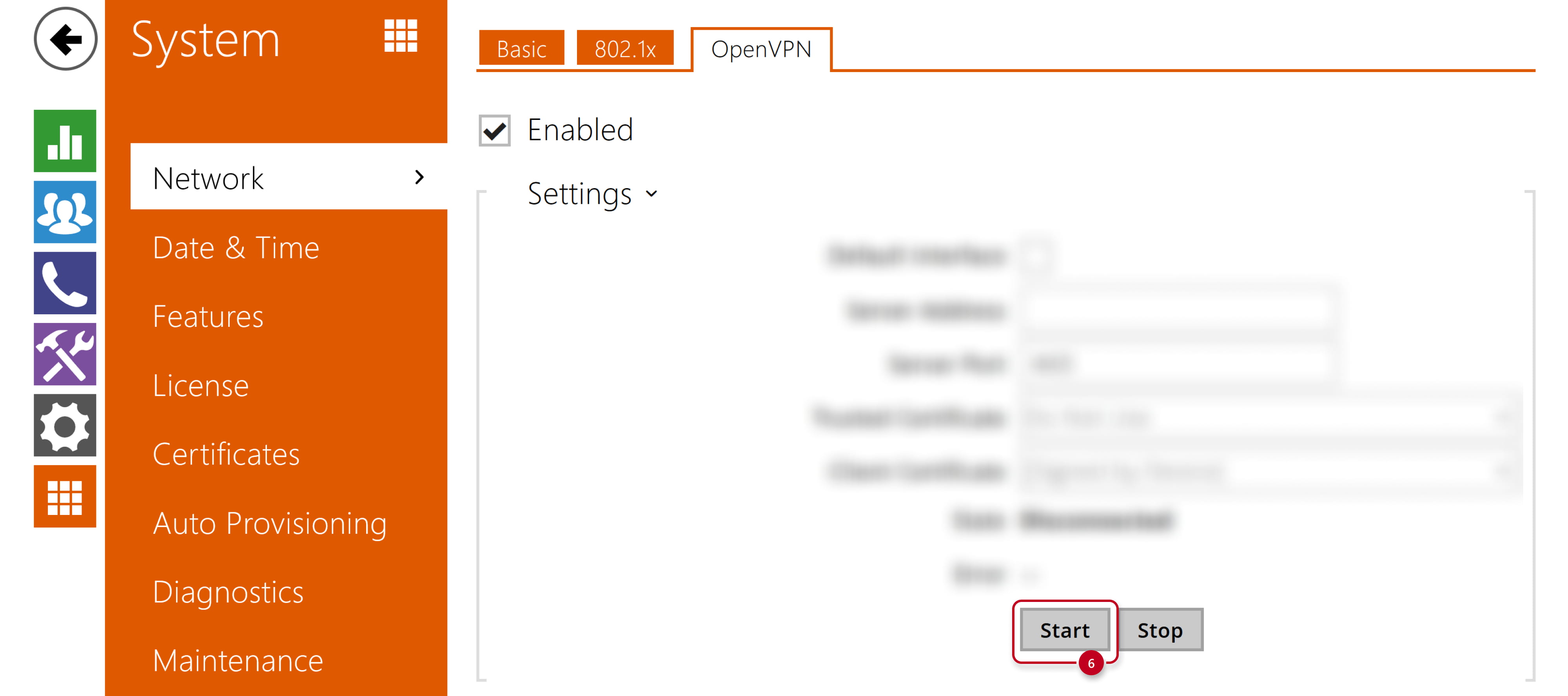2N IP Intercom - System - Network - OpenVPN - Start