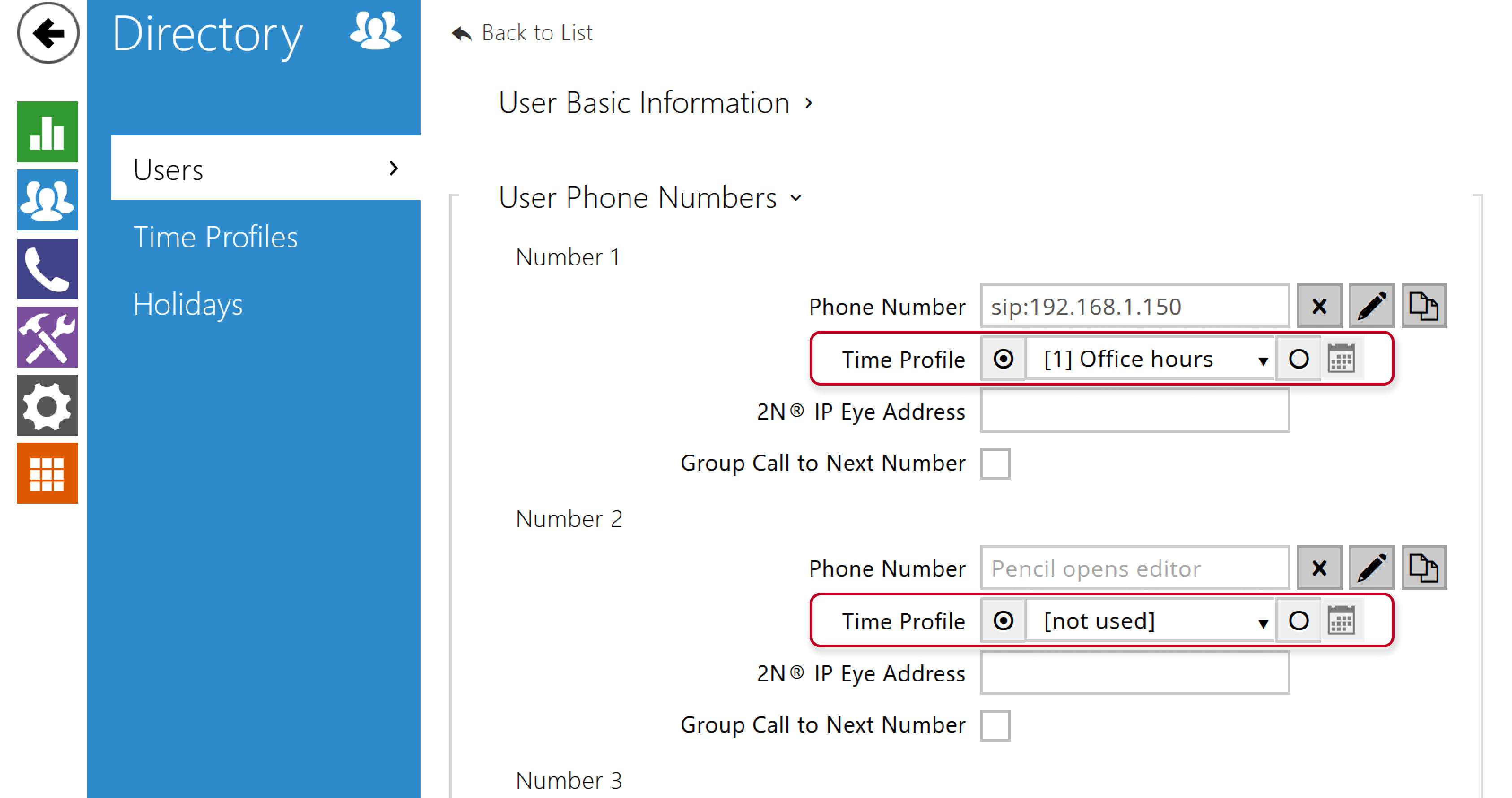 2N IP Intercom - Directory - Users - Phone number time profile 2N IP Intercom - Directory - Users - Phone number time profile