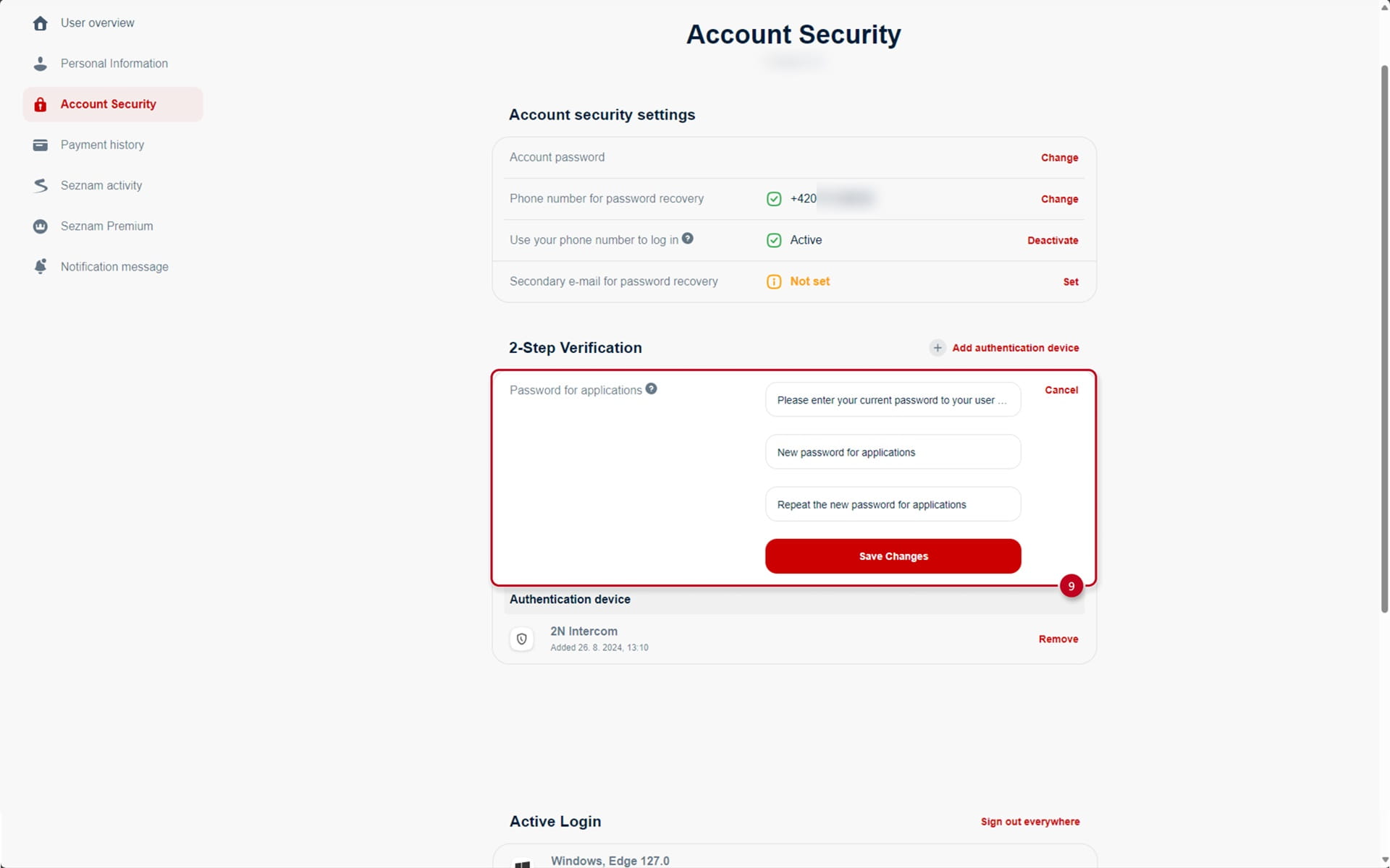 Seznam Device Authentication Password