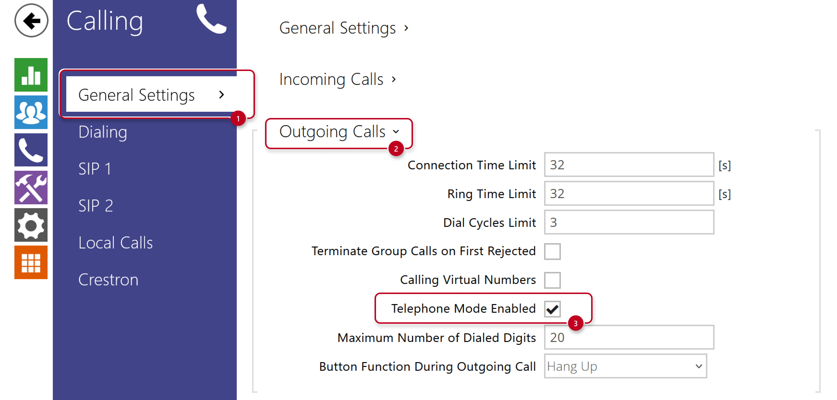 2N IP Intercom - Calling - General Settings - Outgoing Calls - Telephone Mode Enabled 2N IP Intercom - Calling - General Settings - Outgoing Calls - Telephone Mode Enabled