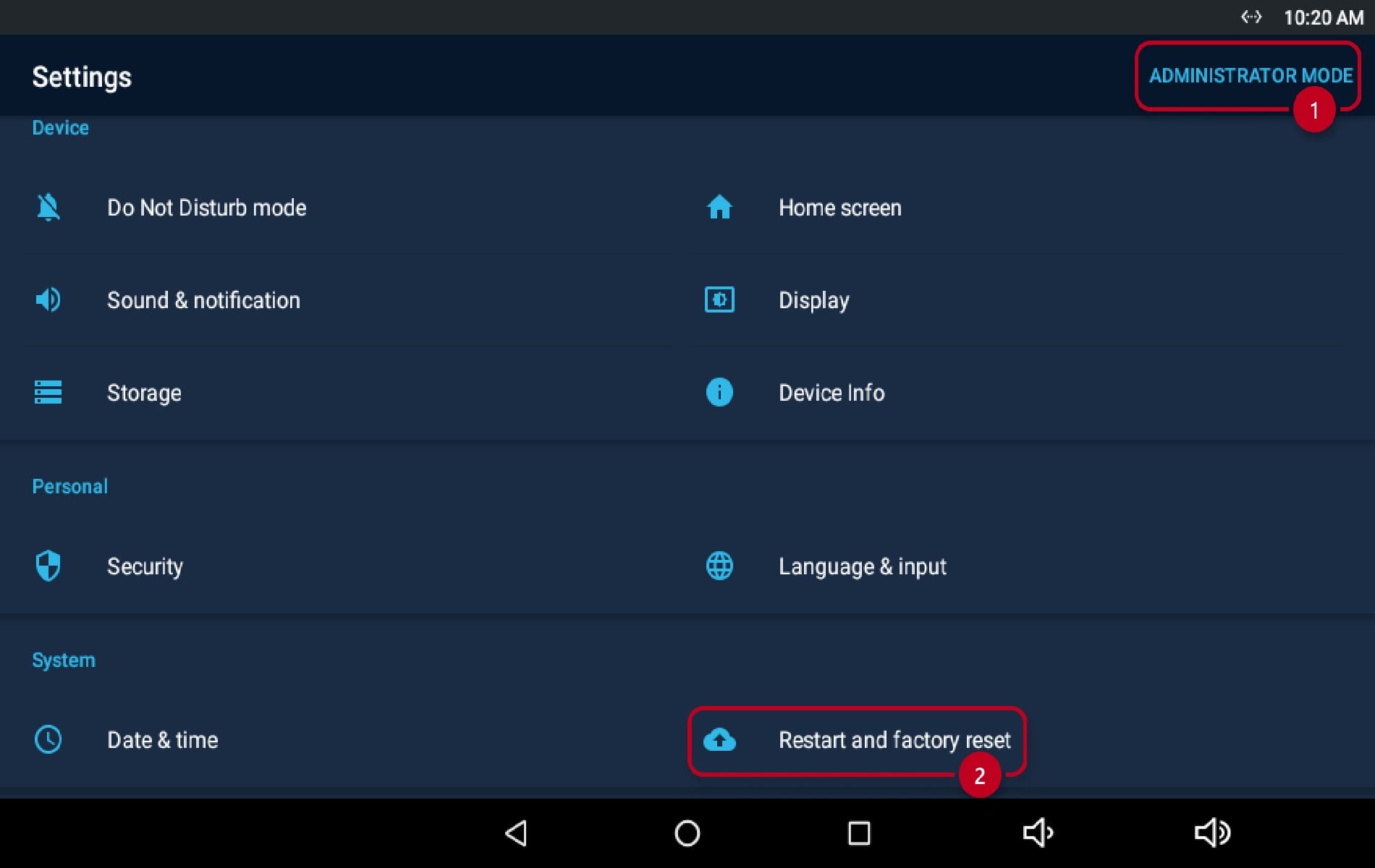 Factory reset on the display of Indoor Touch 2.0