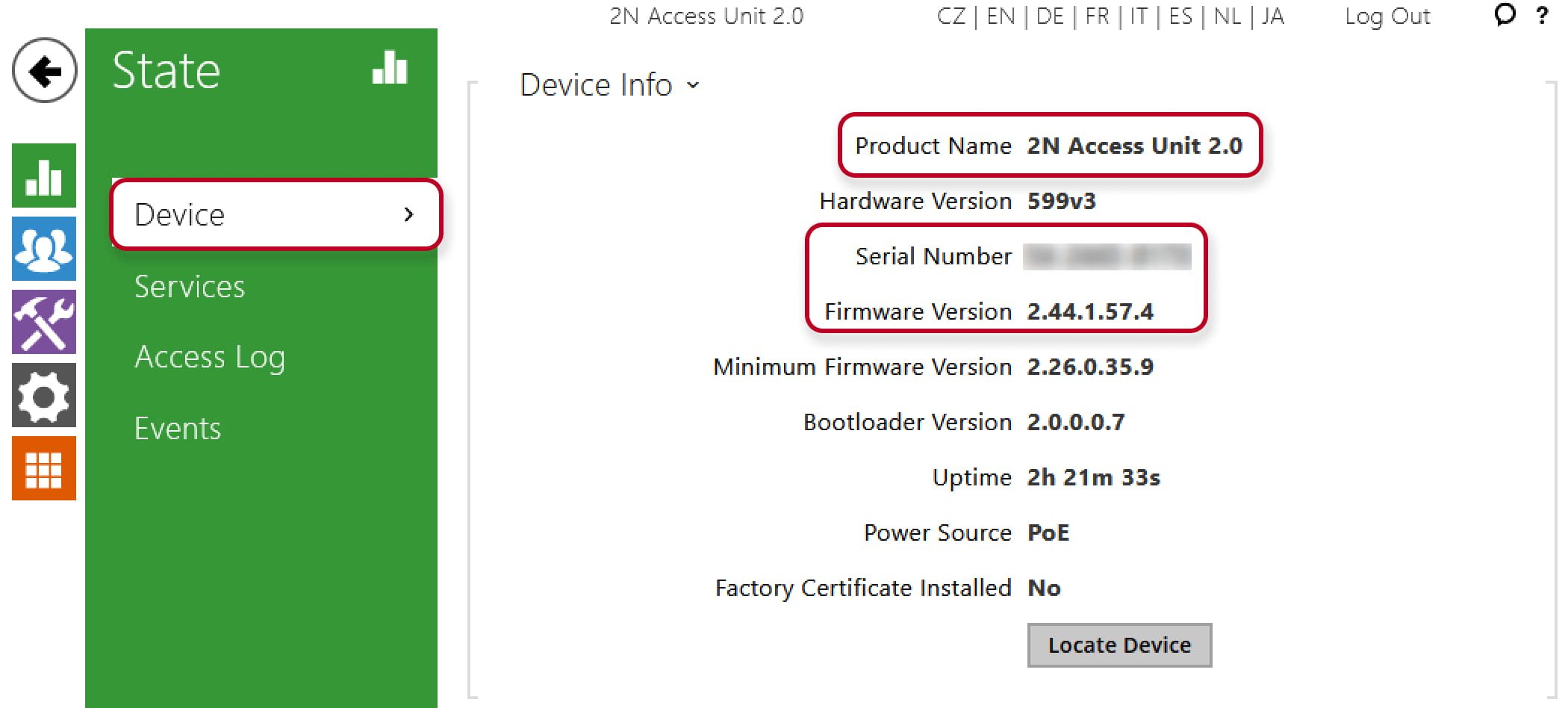 2N_Access_Unit_2.0_FW_version_Serial_Number