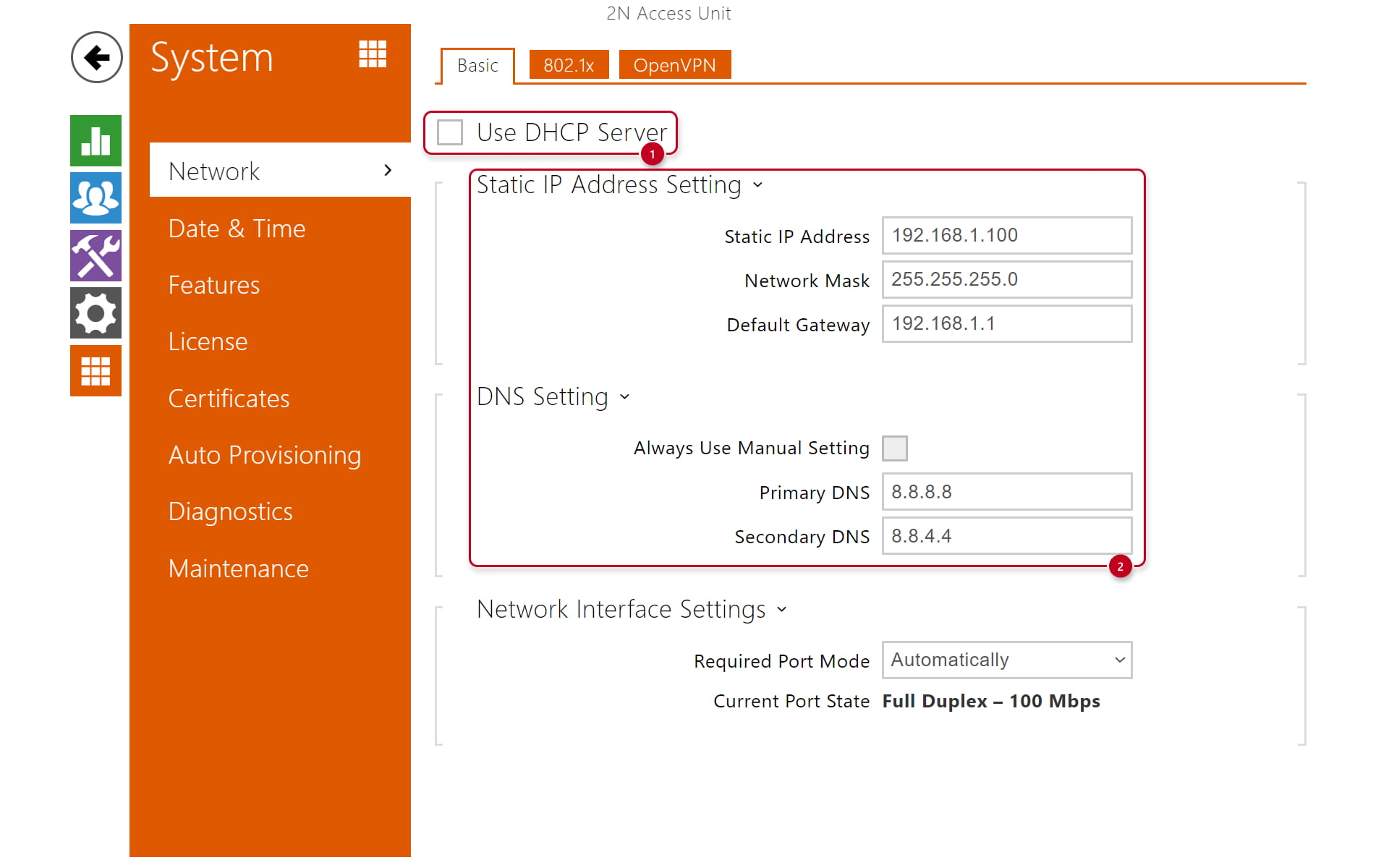 Access Unit static IP settings in 2N OS