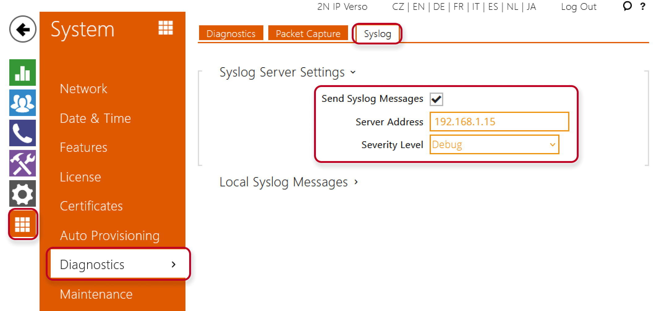2N IP Intercom Syslog server