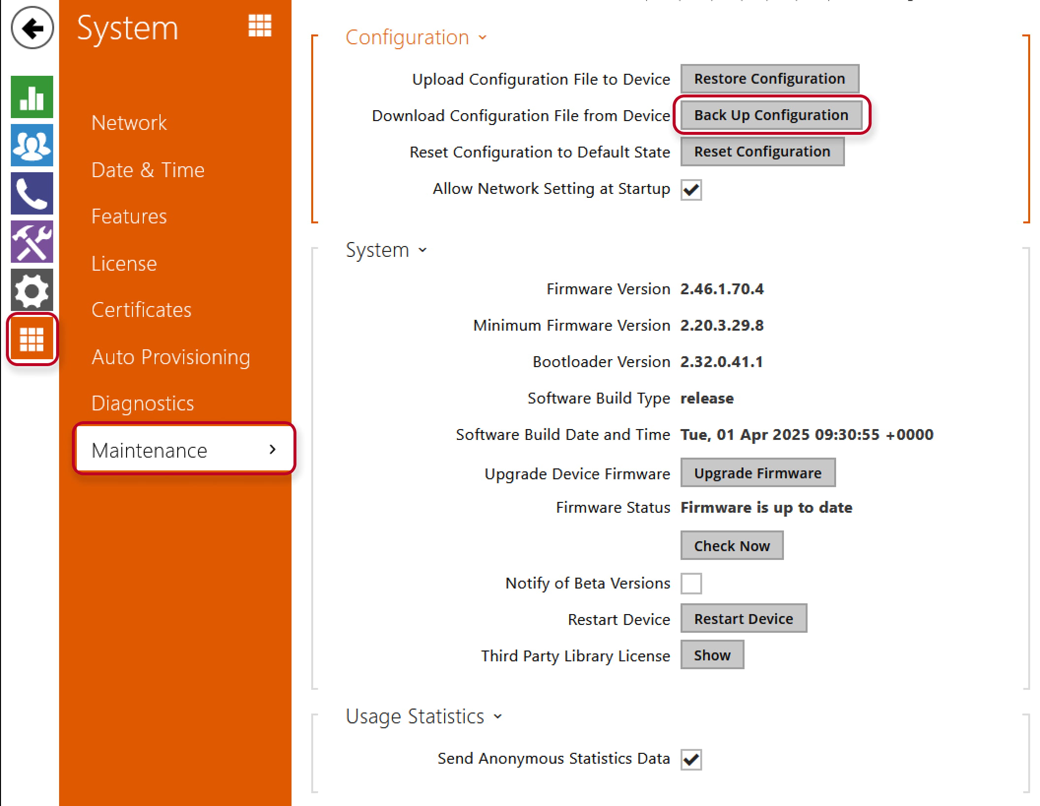 2N IP Intercom Configuration backup