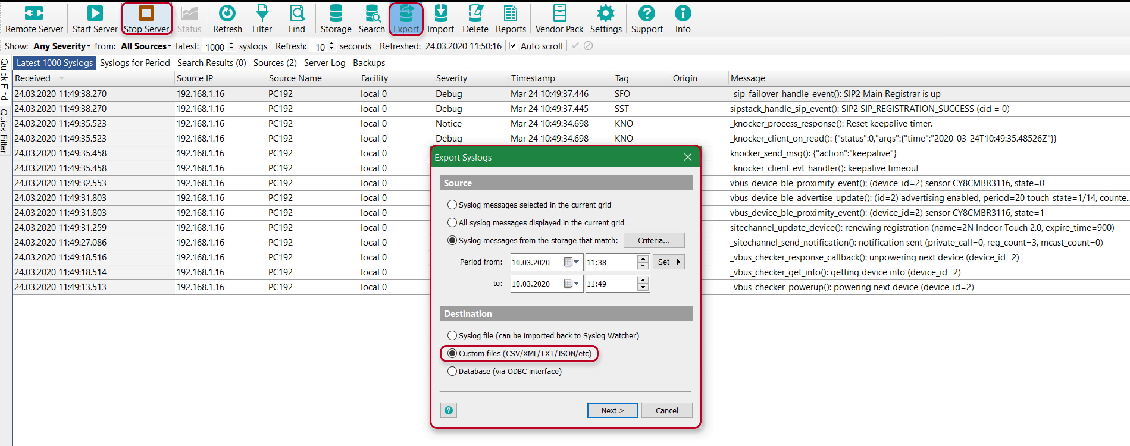 Syslog Watcher Export