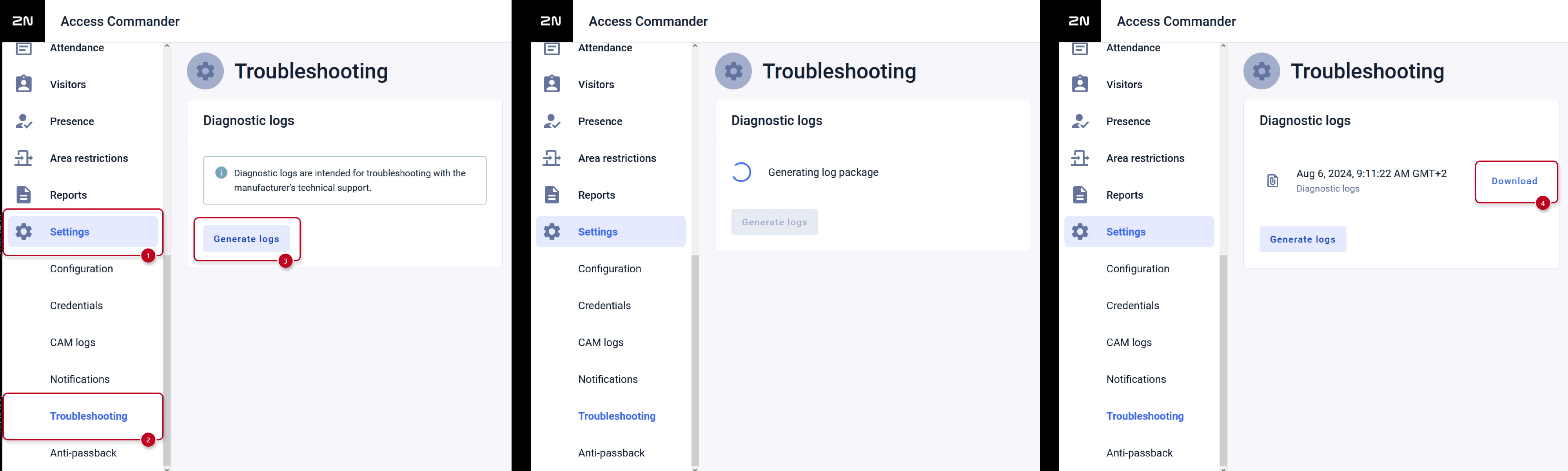 2N Access Commander - Settings - Troubleshooting - Diagnostics logs