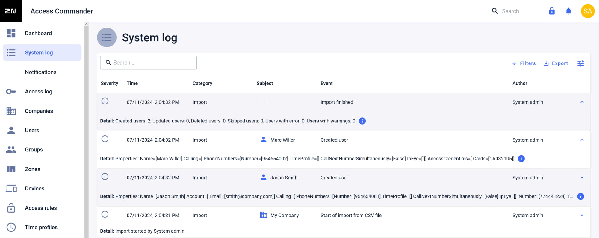 2N Access Commander - CSV import - System log