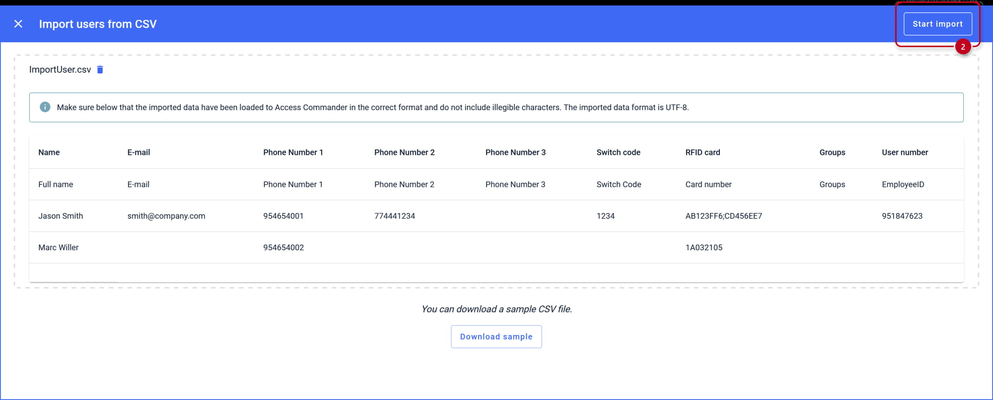 2N Access Commander - Company - Import users from CSV - Start import