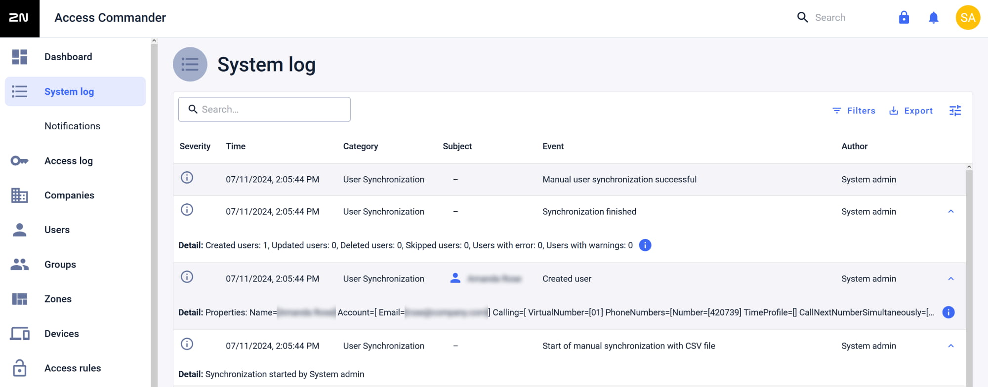 2N Access Commander - User synchronisation - System logs