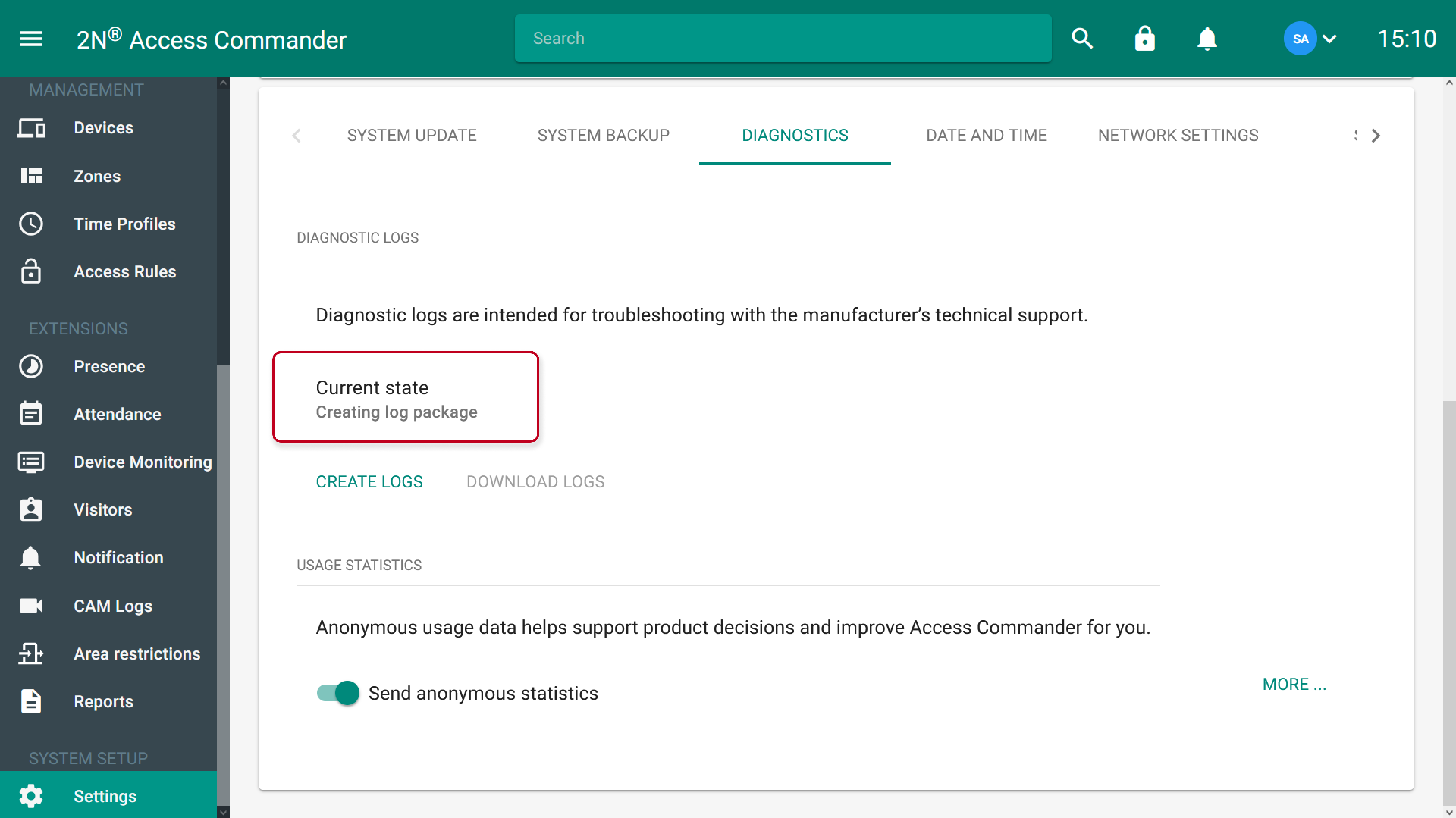 2N Access Commander - Settings - DIAGNOSTICS - Creating logs
