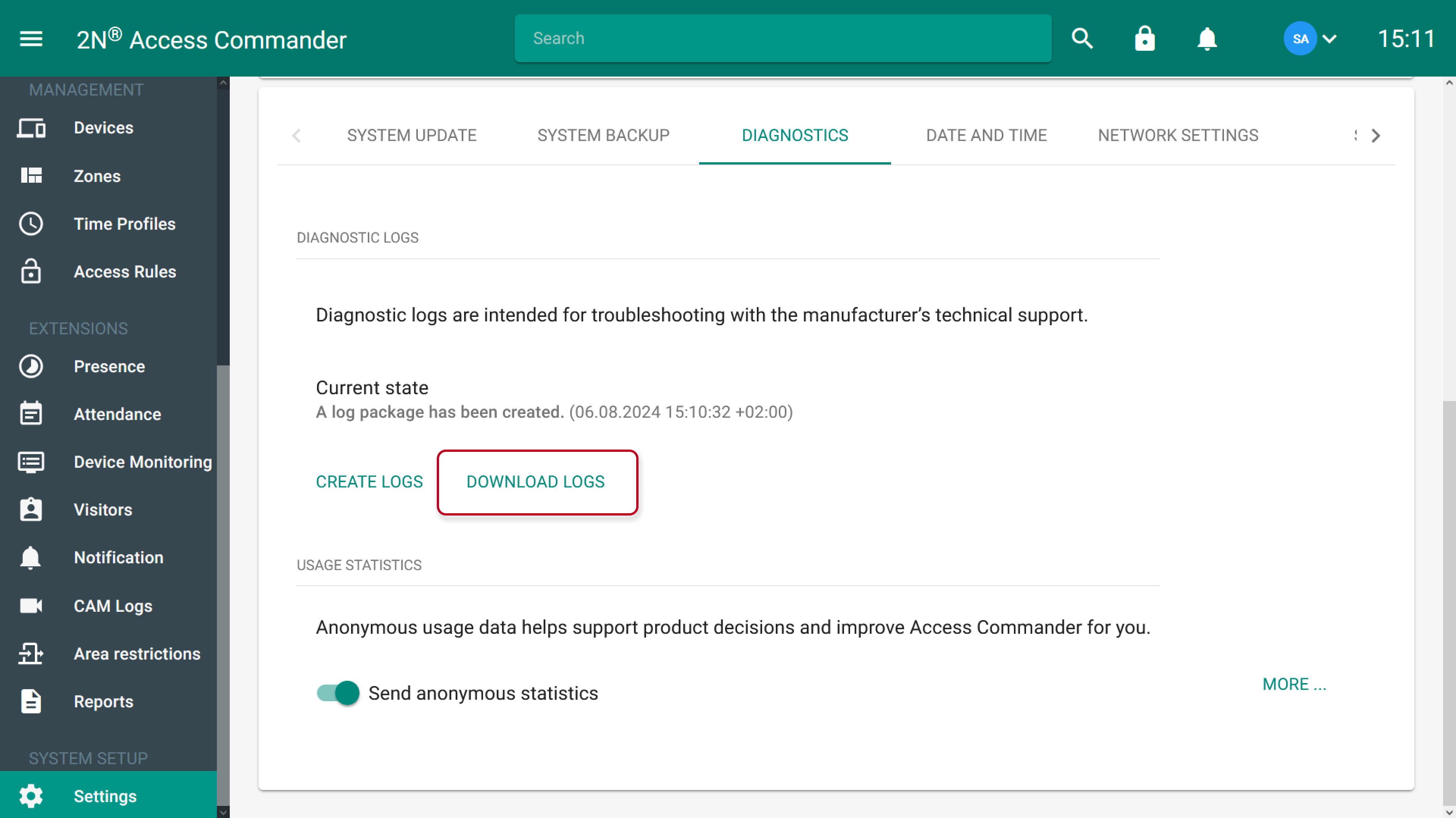 2N Access Commander - Settings - DIAGNOSTICS - Download logs