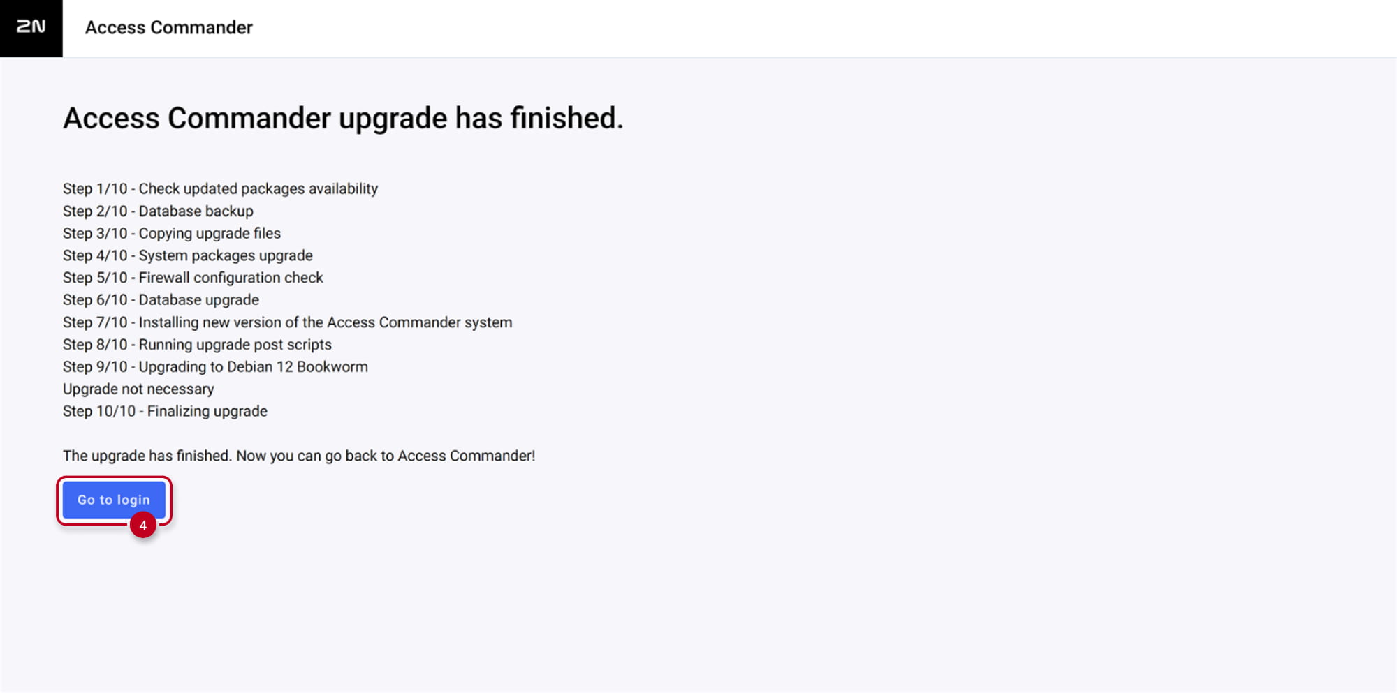 2N Access Commander - Upgrade has finished - Go to login