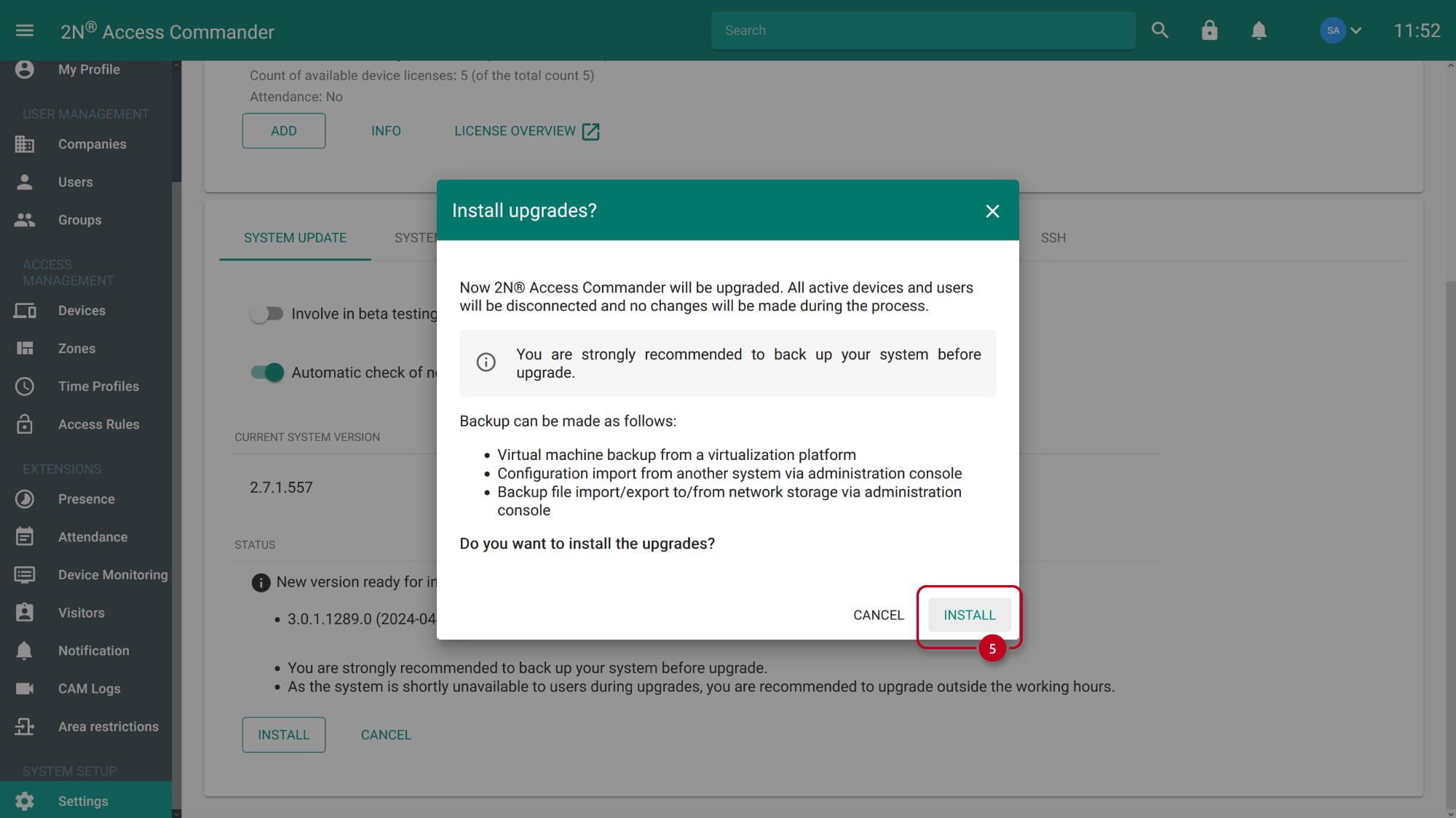 2N Access Commander 2.7 - Settings - System update - Install confirmation