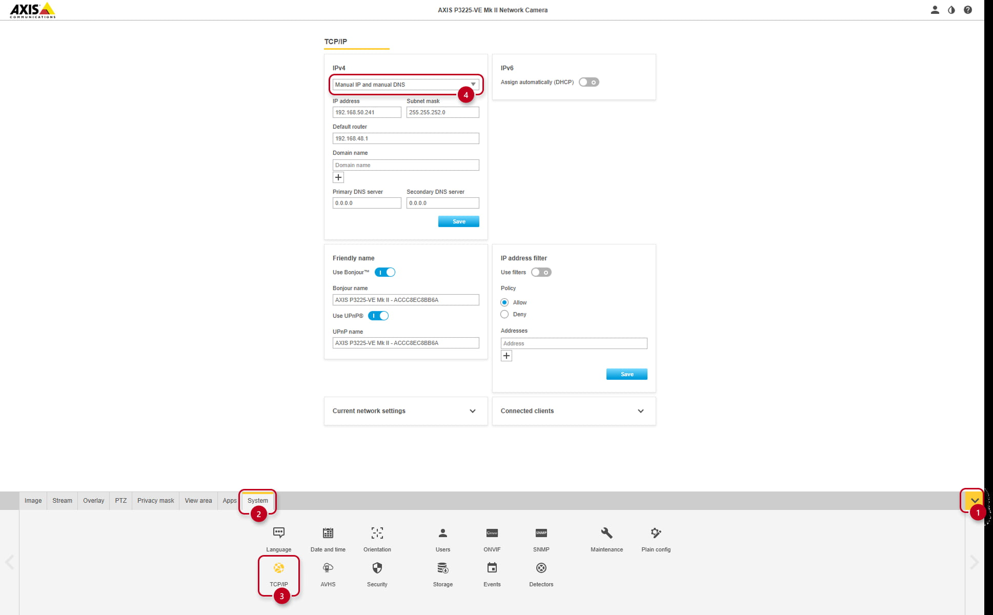 Axis IP camera: Settings - System - TCP/IP