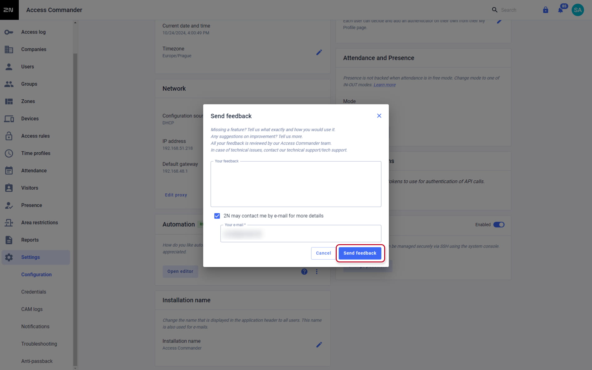 Feedback window