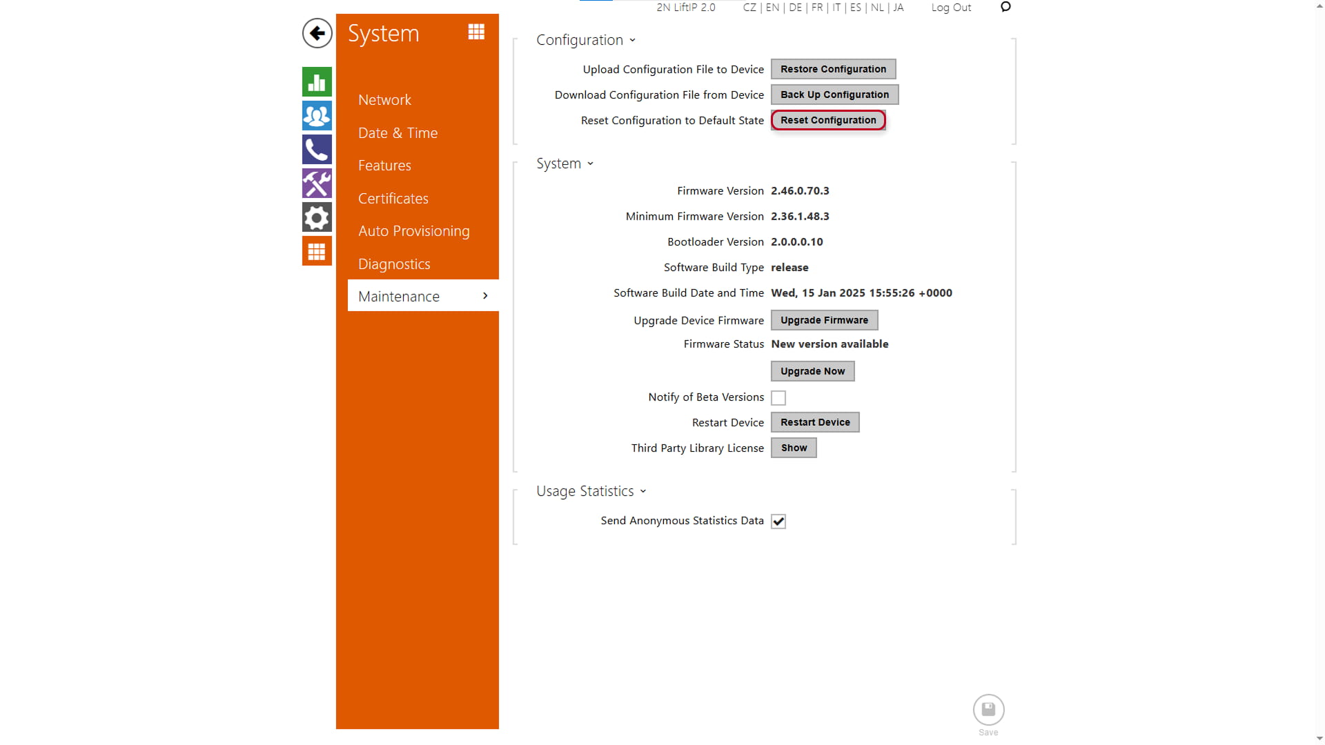 Lift IP 2.0 Factory reset
