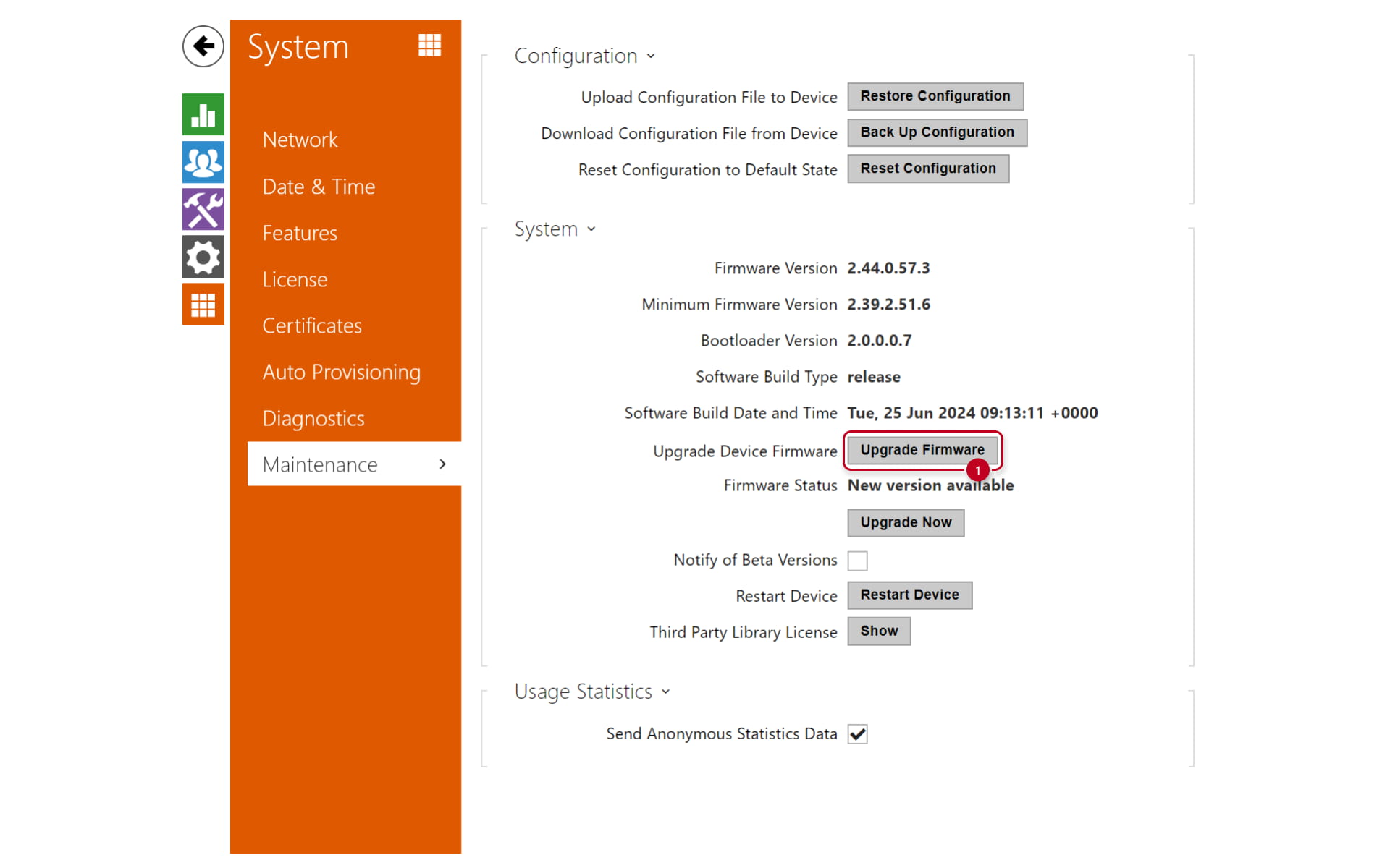 Maintenance page on an 2N Access Unit web interface firmware update