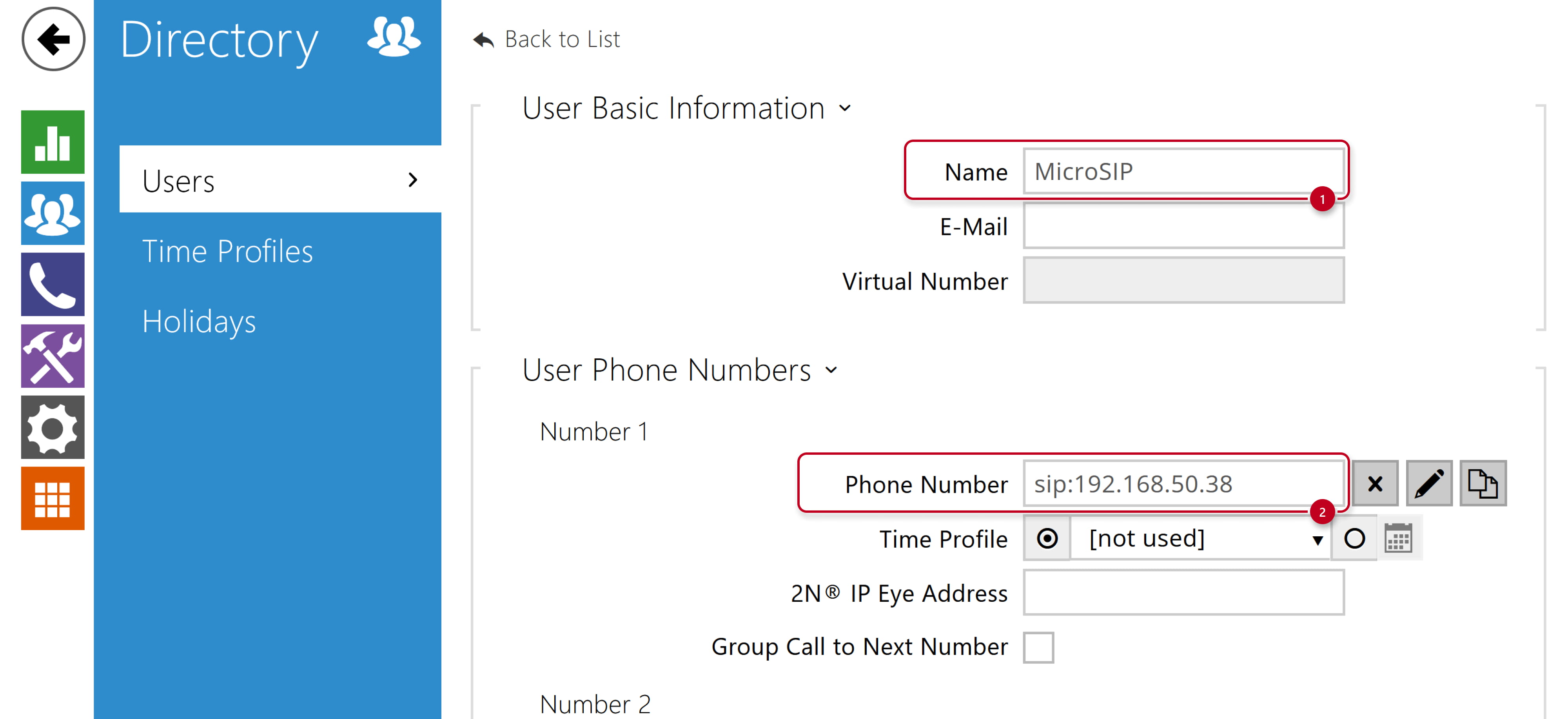 2N IP Intercom - Directory - Users - New User - Name and Phone Number