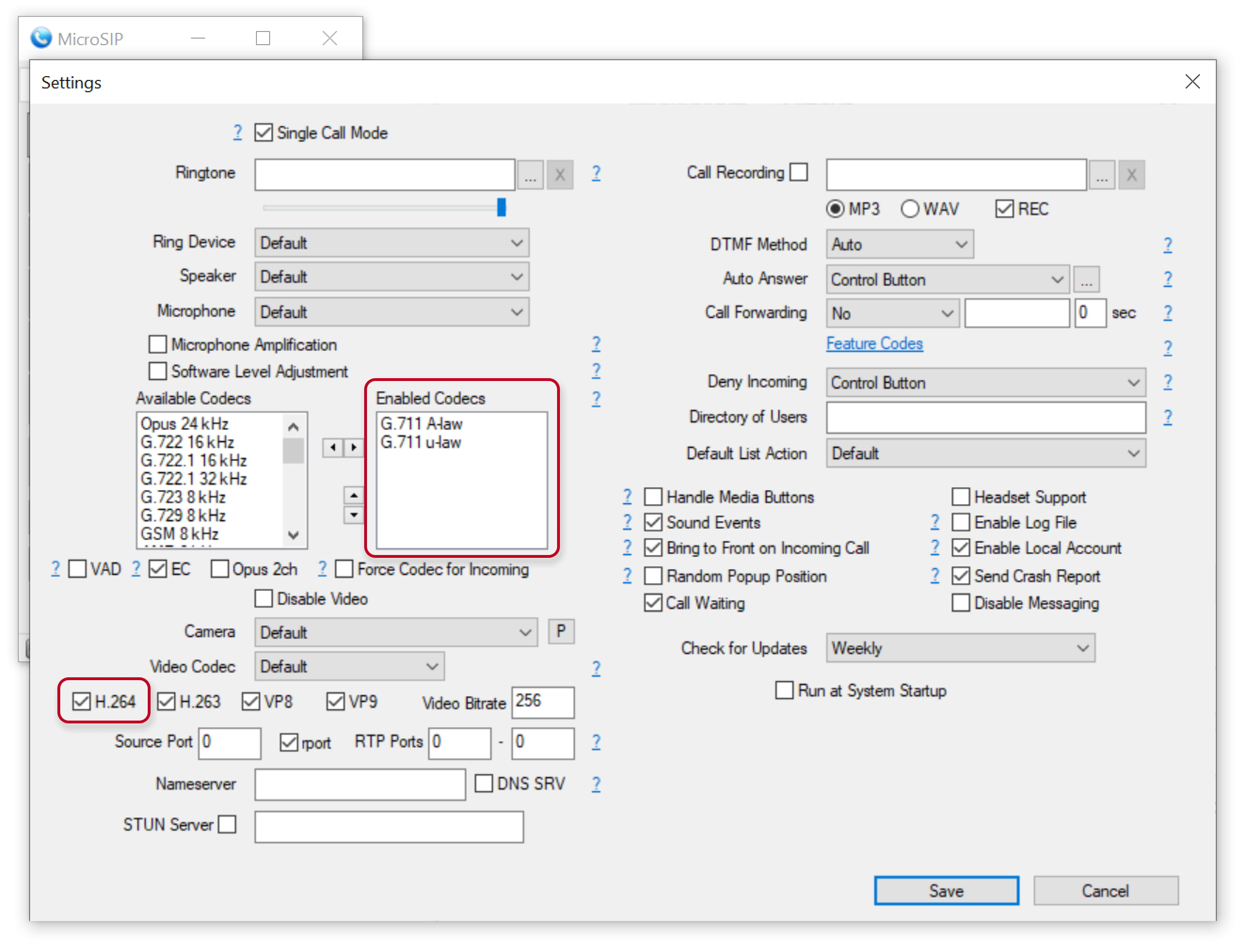 MicroSIP - Settings - Codecs MicroSIP - Settings - Codecs