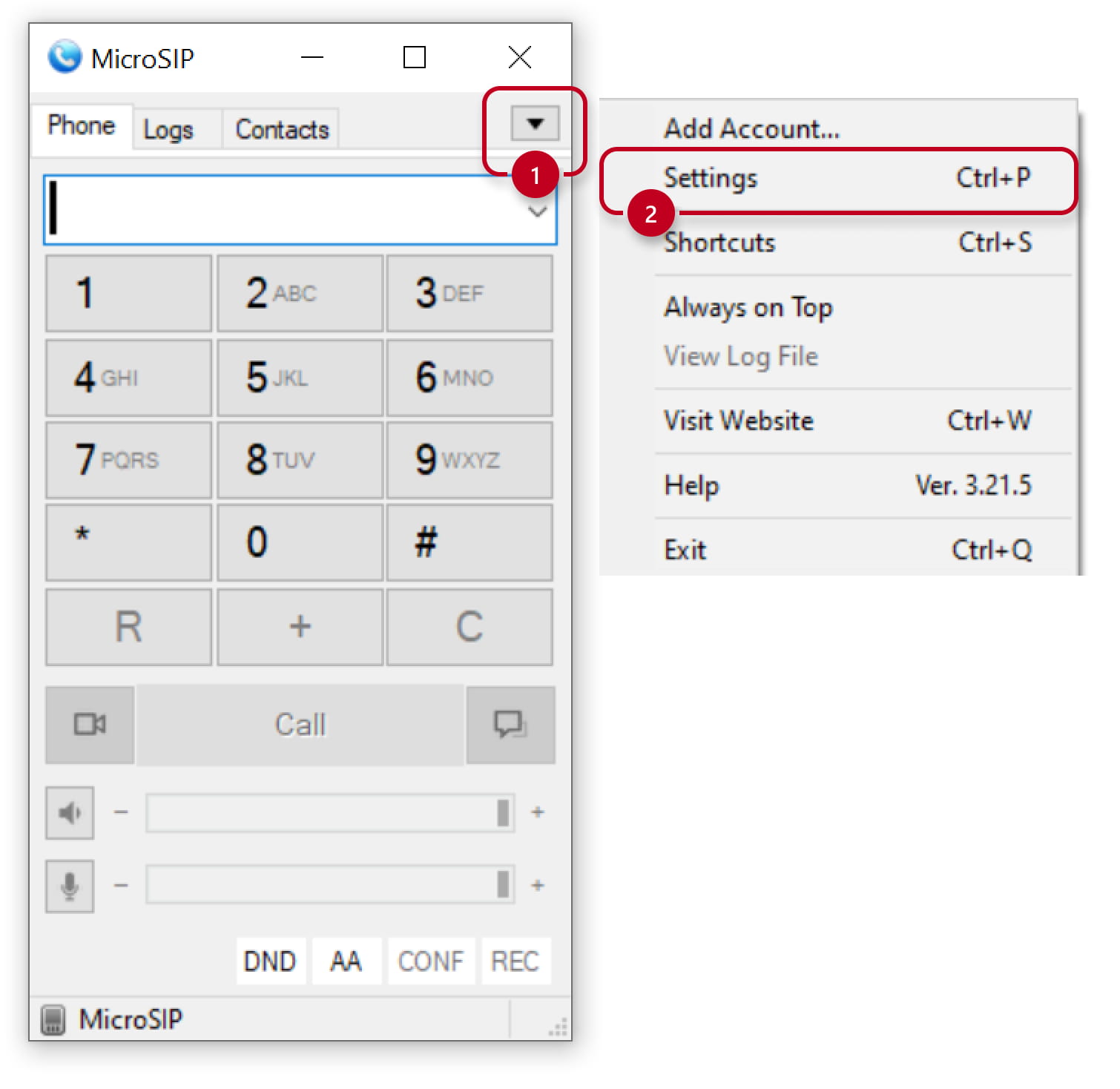 MicroSIP - go to Settings MicroSIP - go to Settings