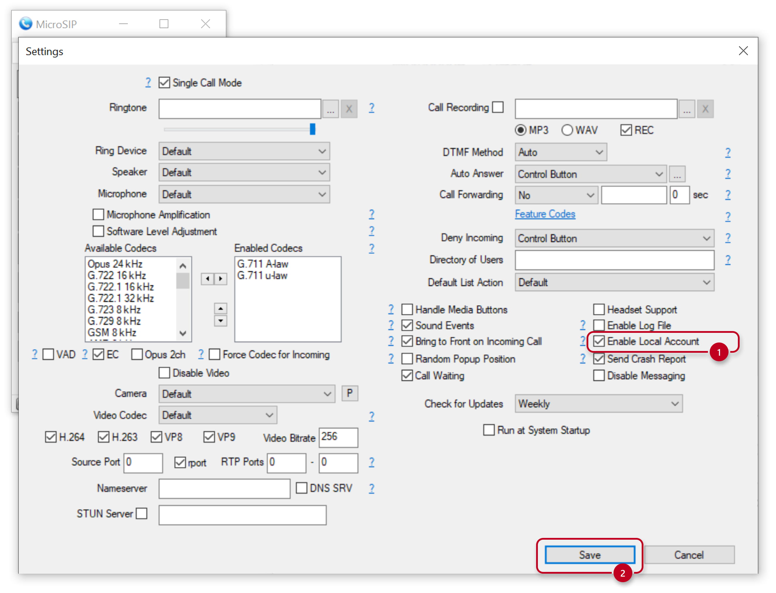 MicroSIP - Settings - Enable Local Account MicroSIP - Settings - Enable Local Account