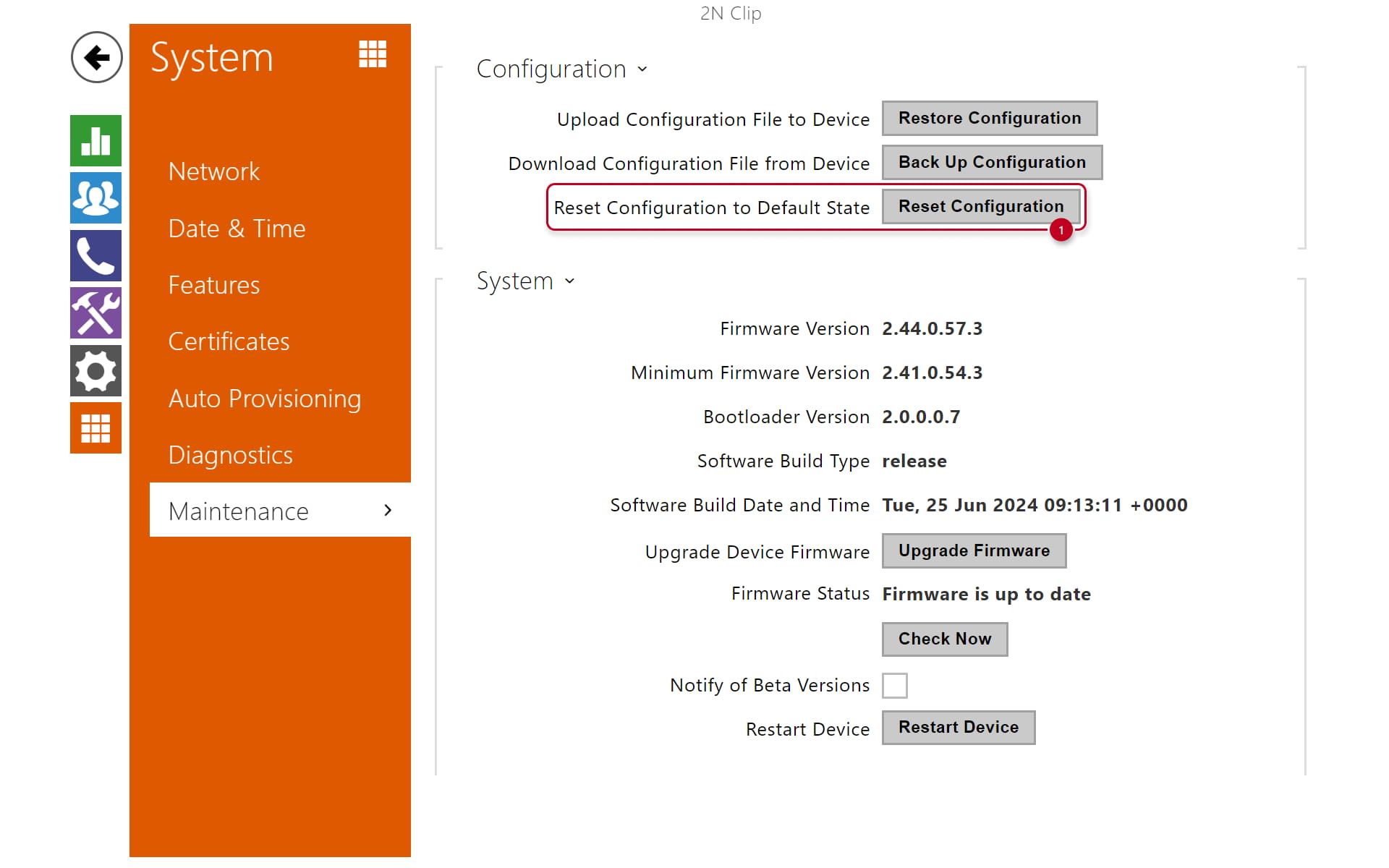 software factory reset of a 2N Clip