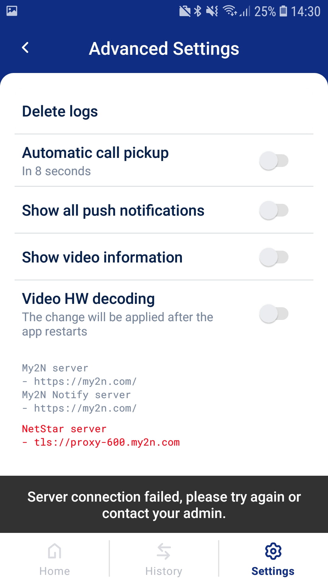 Correct Registration Advanced Settings SIP Failed
