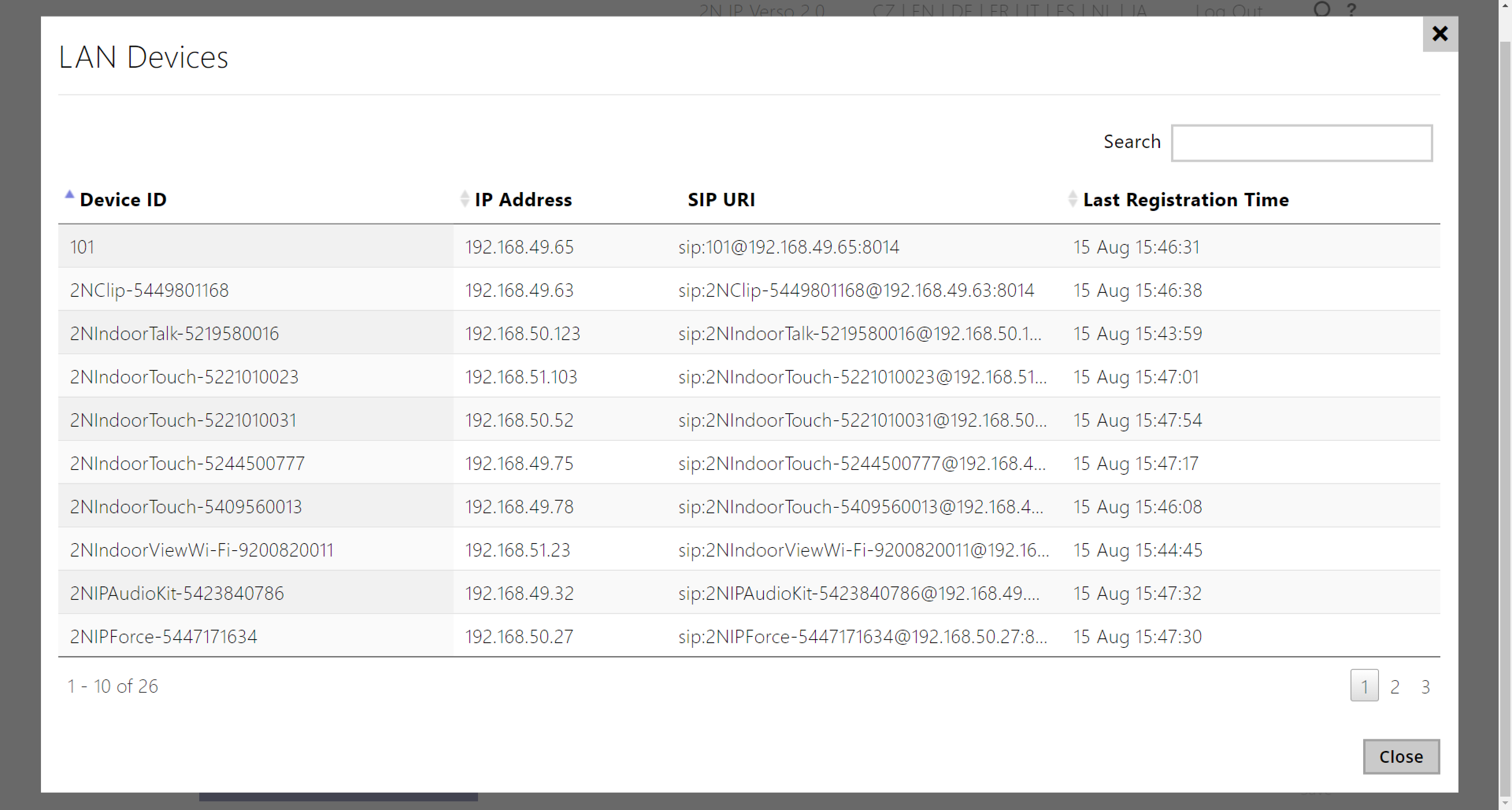 List of registered devices