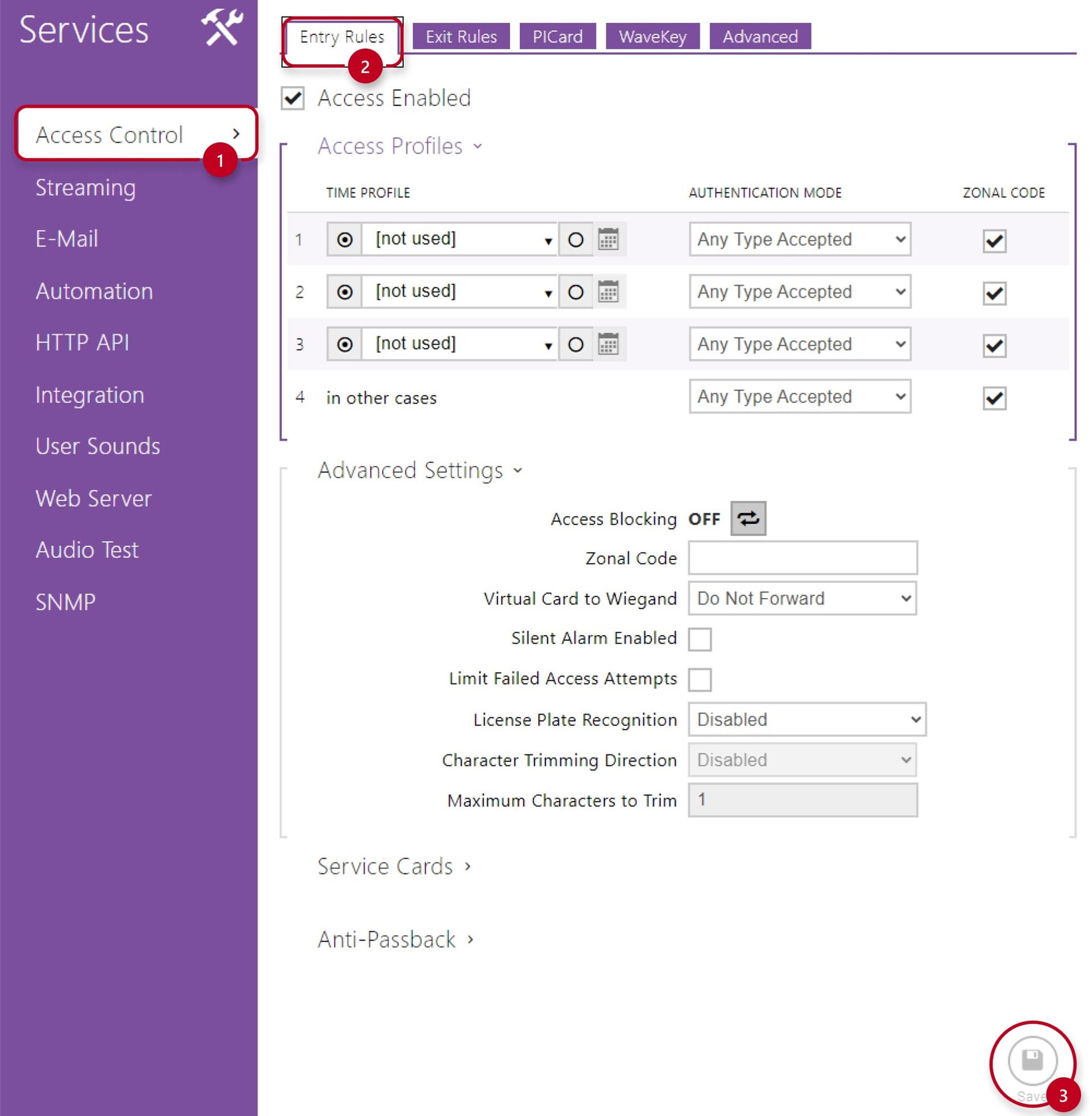 2N OS Configuration, Services Access Control