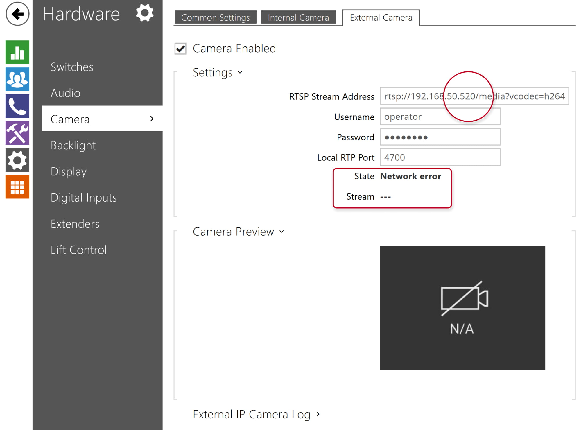 2N IP Intercom - Hardware - Camera - External camera - Network error