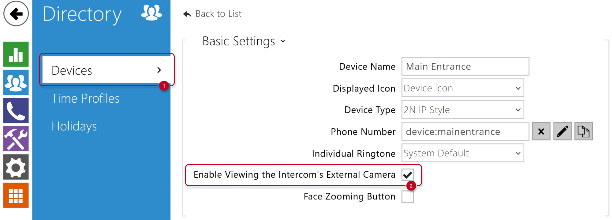 2N Indoor View - Directory - Devices - Enable viewing external camera