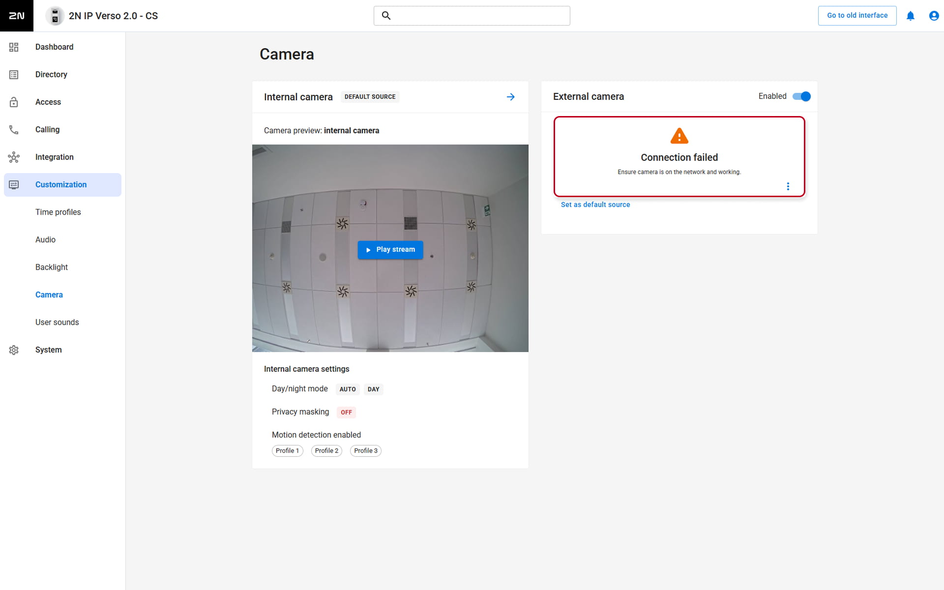2N IP Intercom - Hardware - Camera - External camera - Connection failed