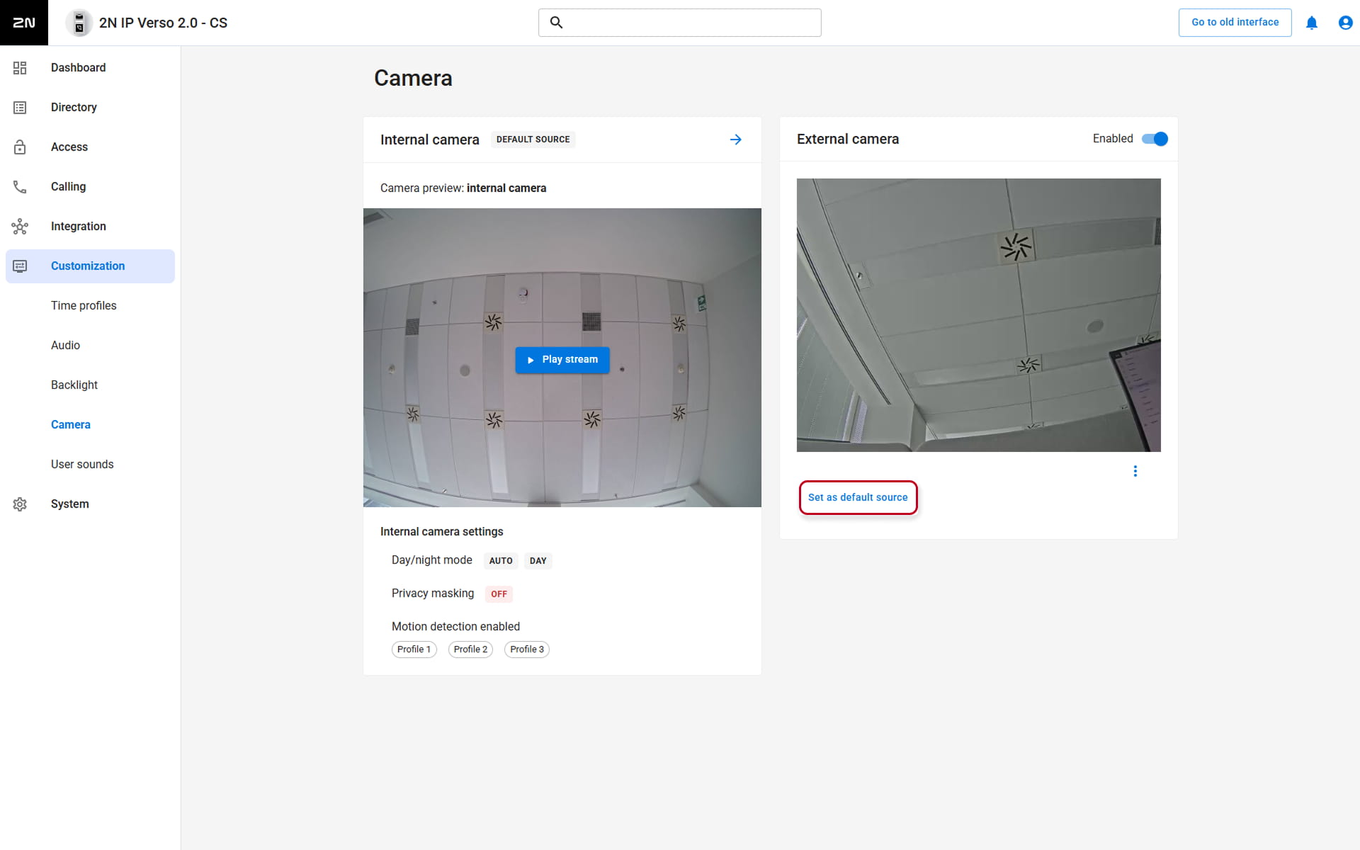 2N IP intercom - Customization - Camera - Default video source