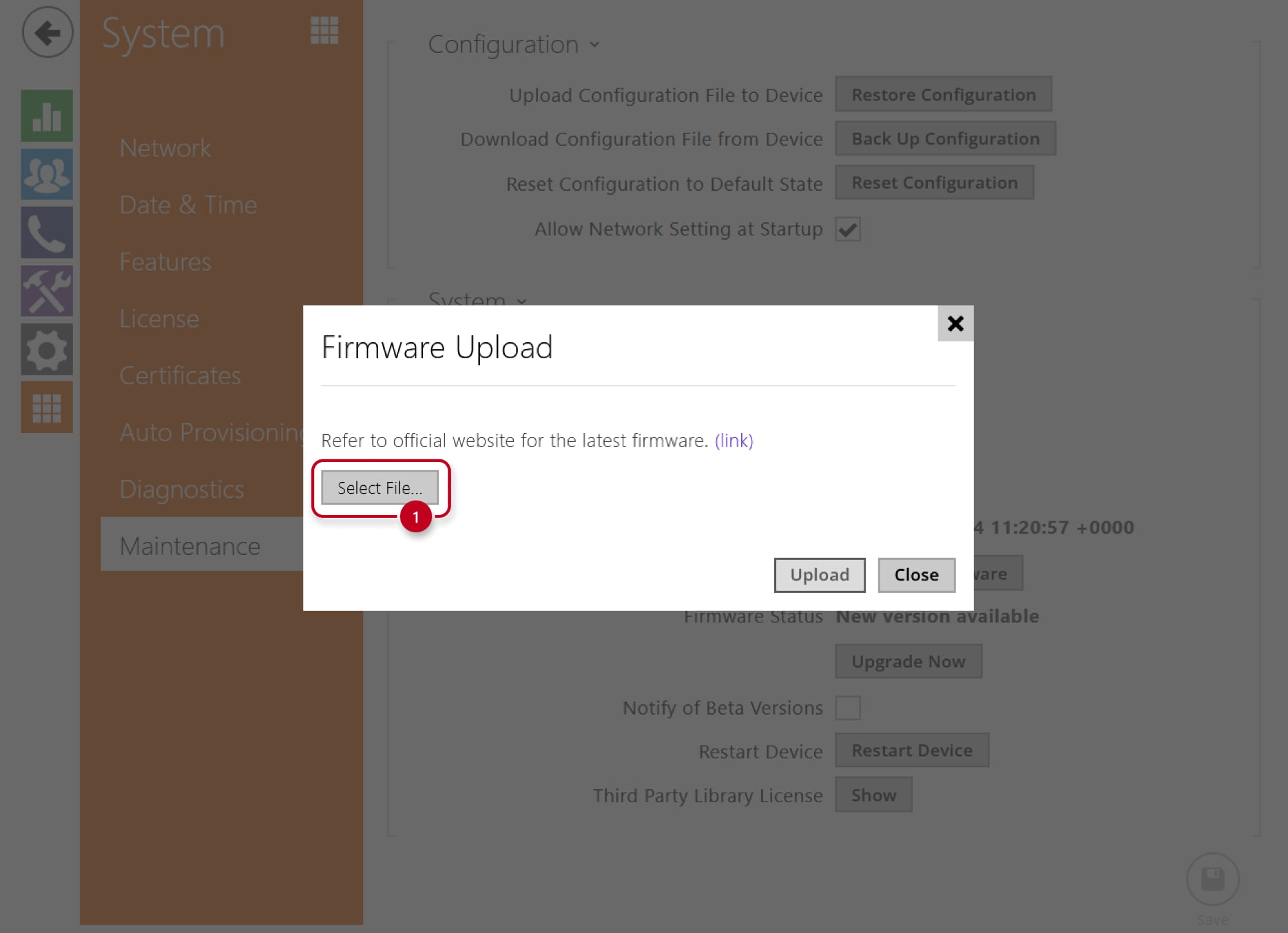 2N IP intercom - Maintenance - Upgrade Firmware - Select File