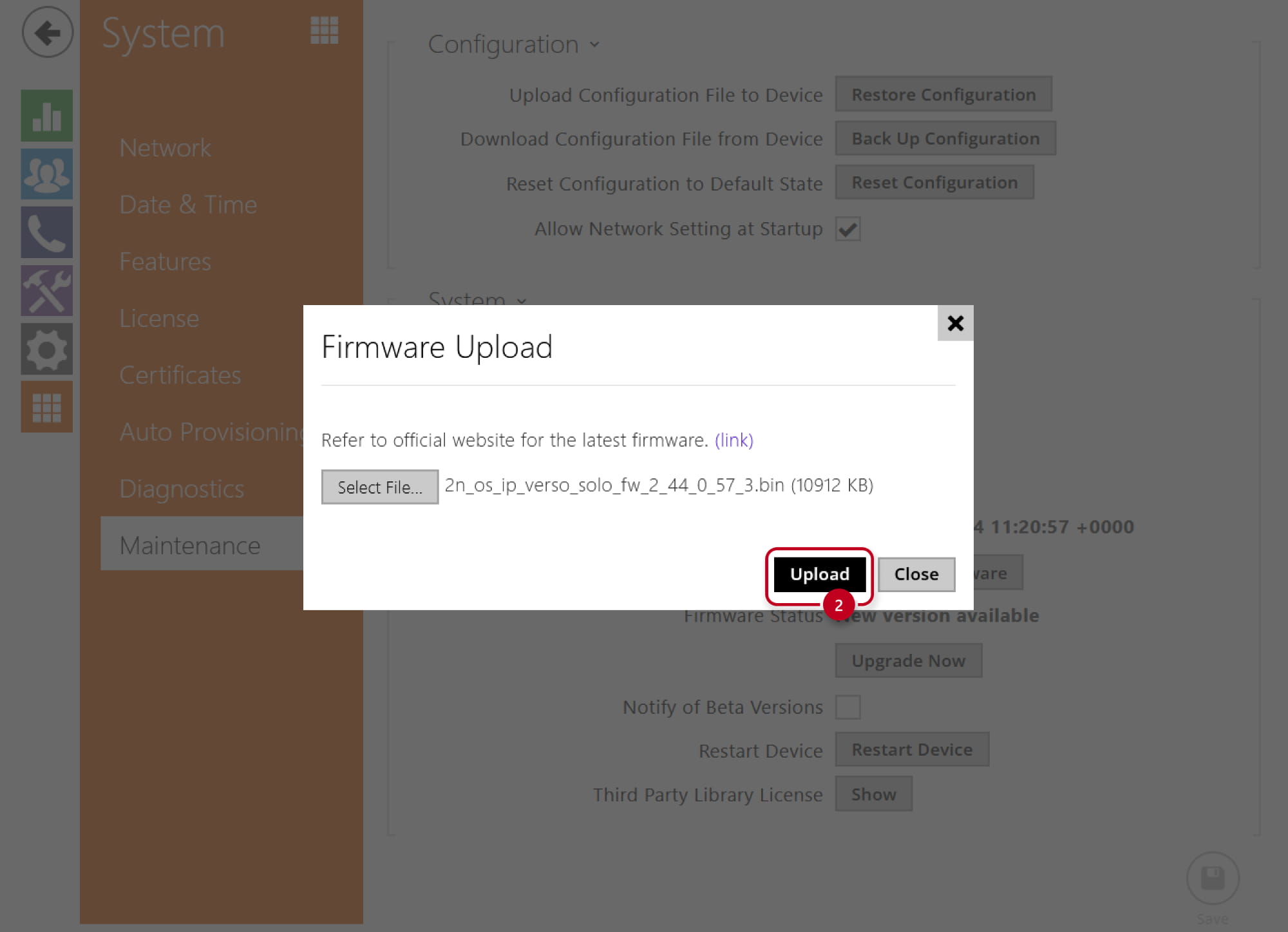 2N IP intercom - Maintenance - Upgrade Firmware - Selected File