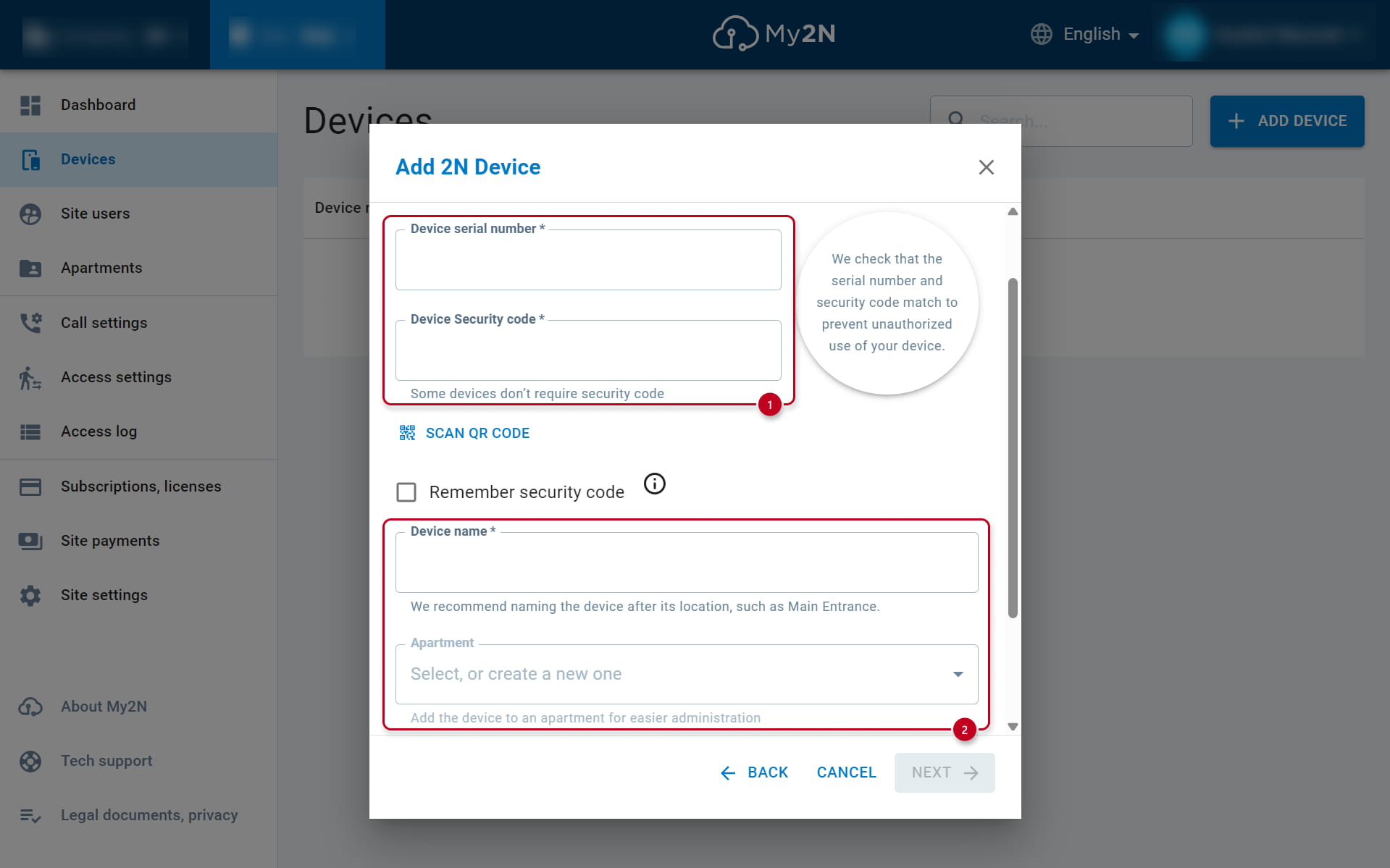My2N asking user to fill in serial number and security code
