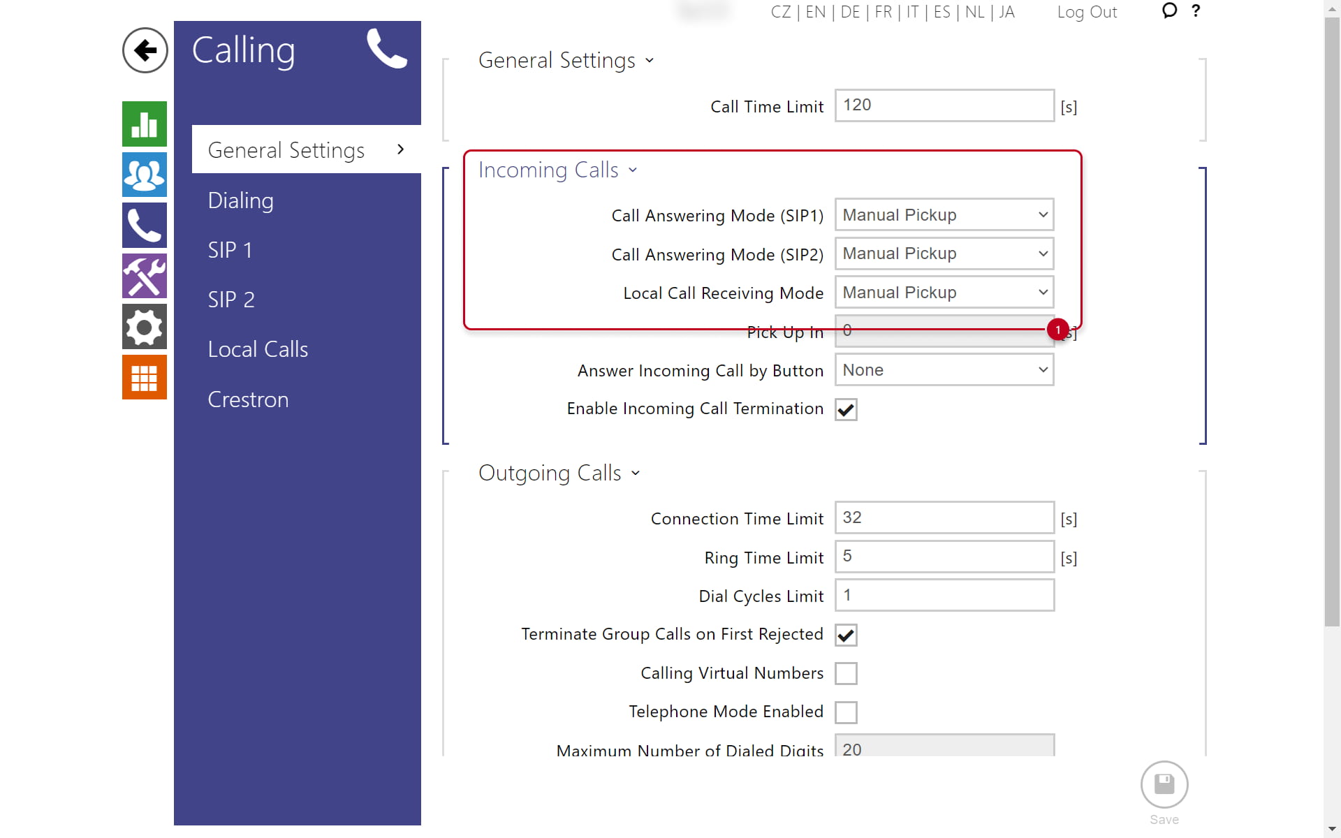 Incomning calls settings in a 2N intercom's GUI