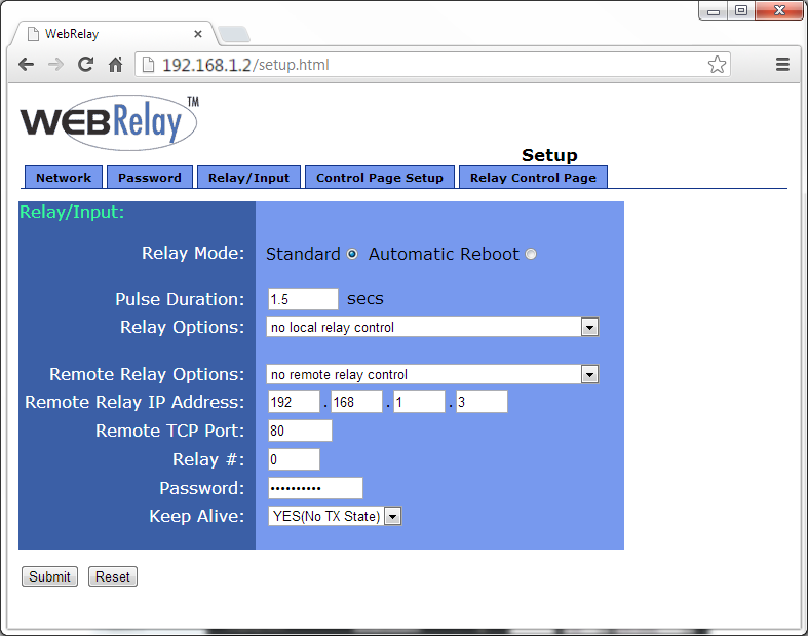External IP Relay - 1 output model - Setup page