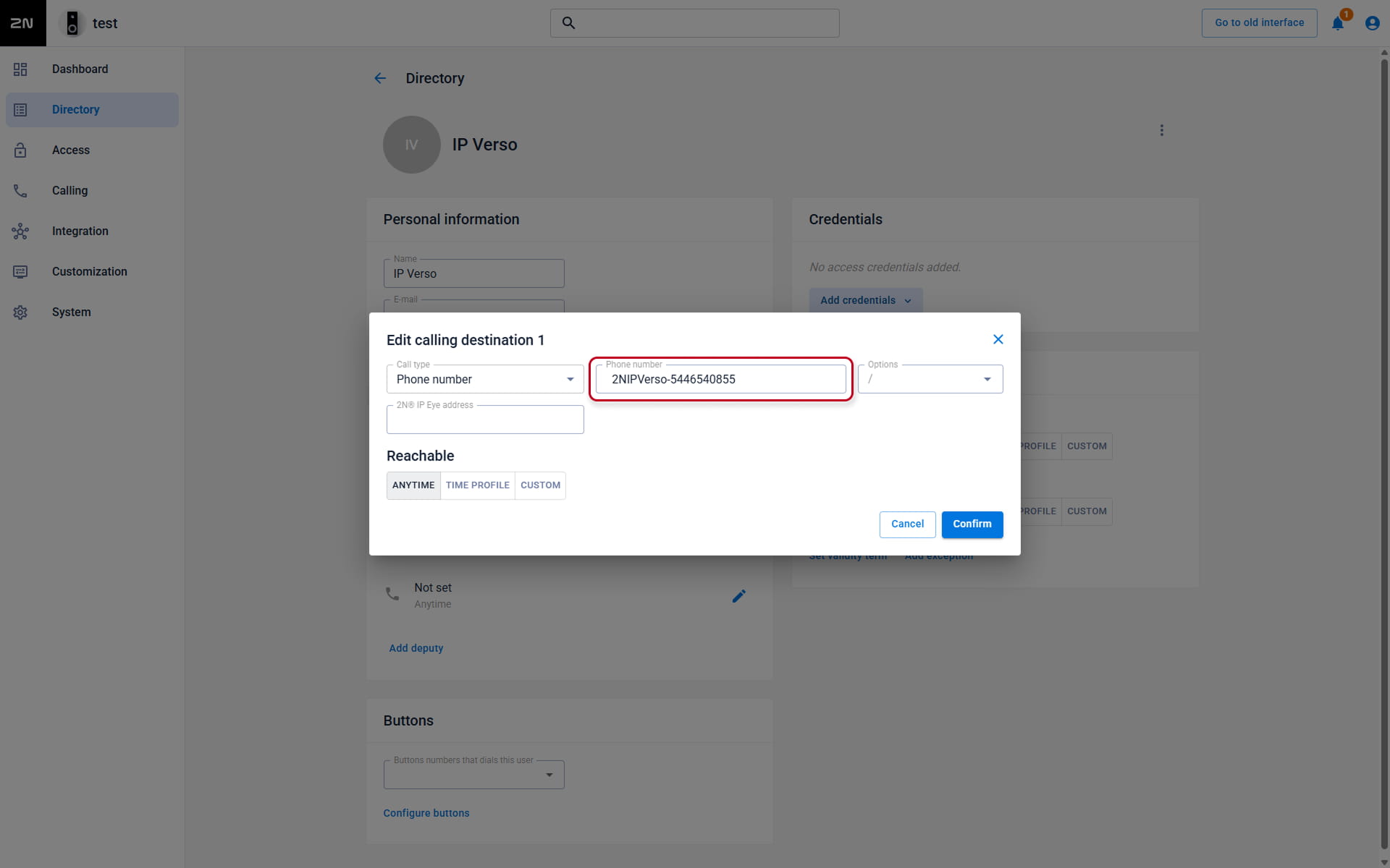 2N IP intercom - Directory - User detail - edit calling destination