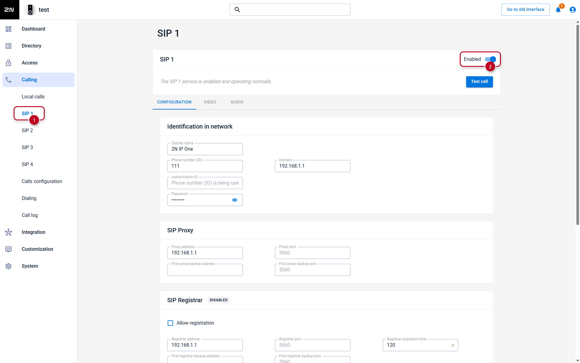 2N IP Intercom - Calling - SIP 1 - Configuration