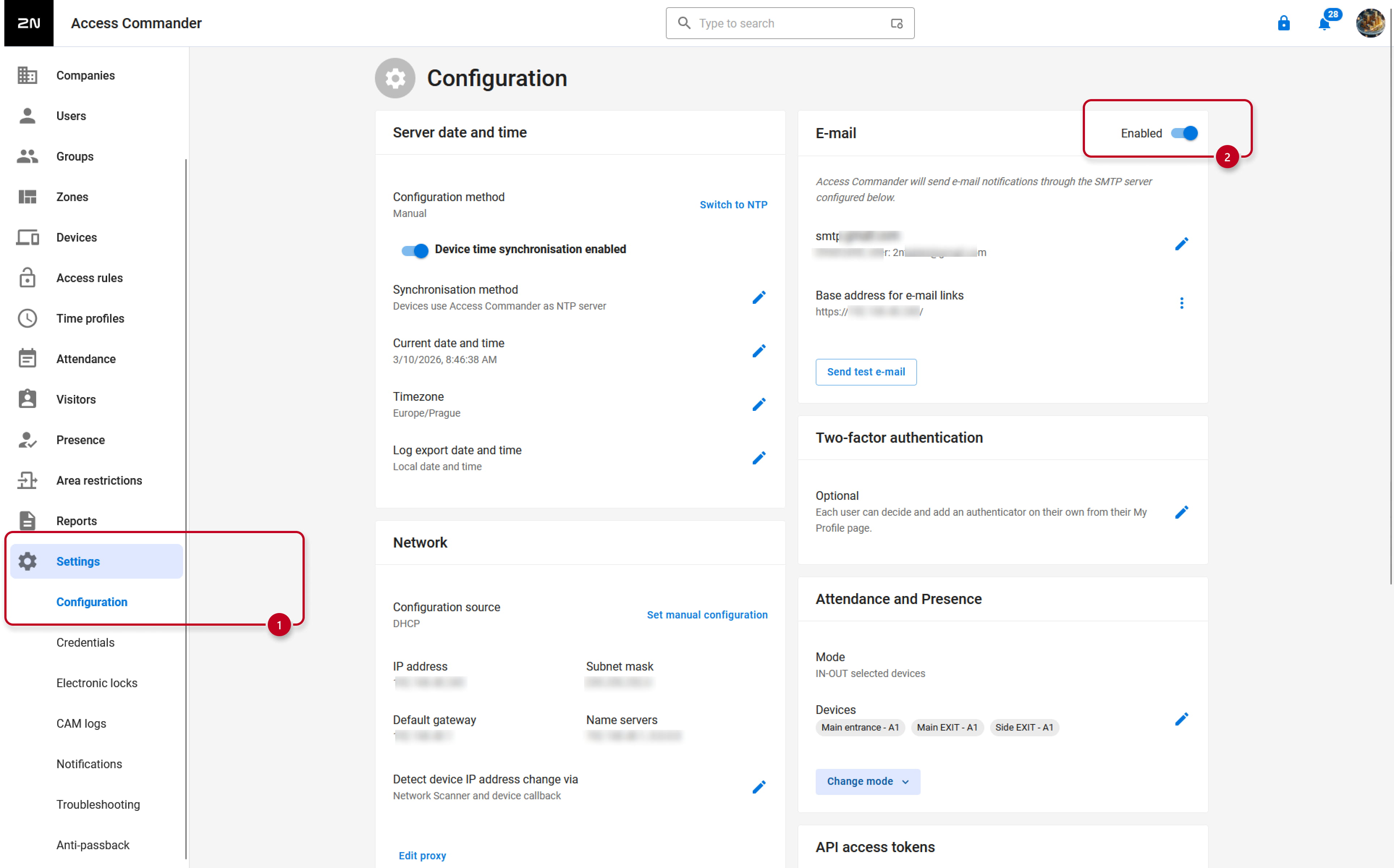 Access Commander SMTP settings