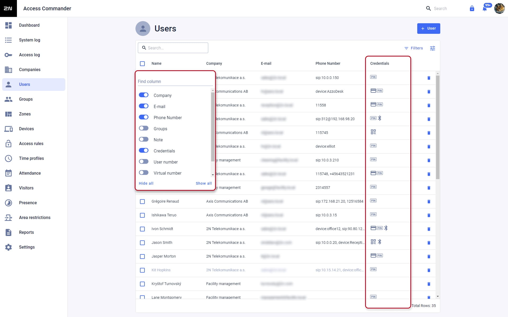 Access Commander User Column Configuration