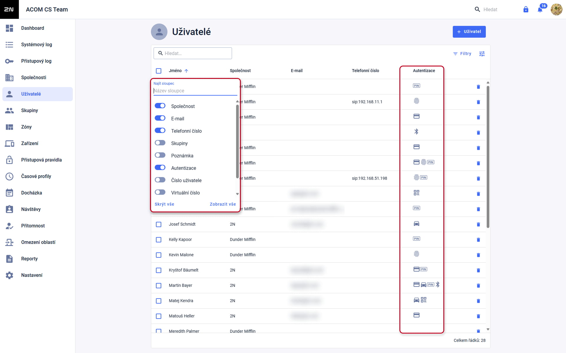 Access Commander Konfigurace Uživatelů - Sloupce