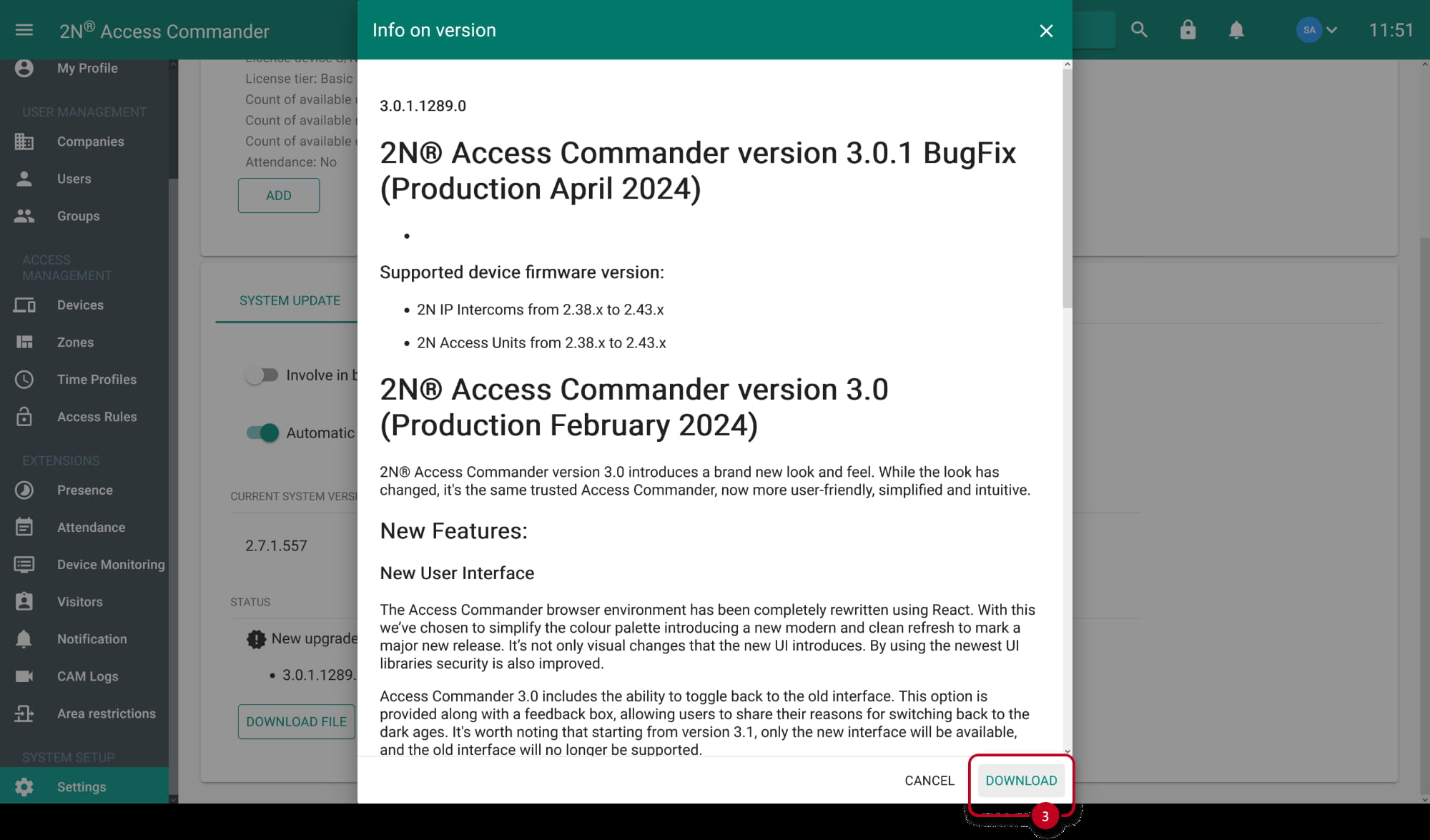2N Access Commander 2.7 - Settings - System update - Release notes