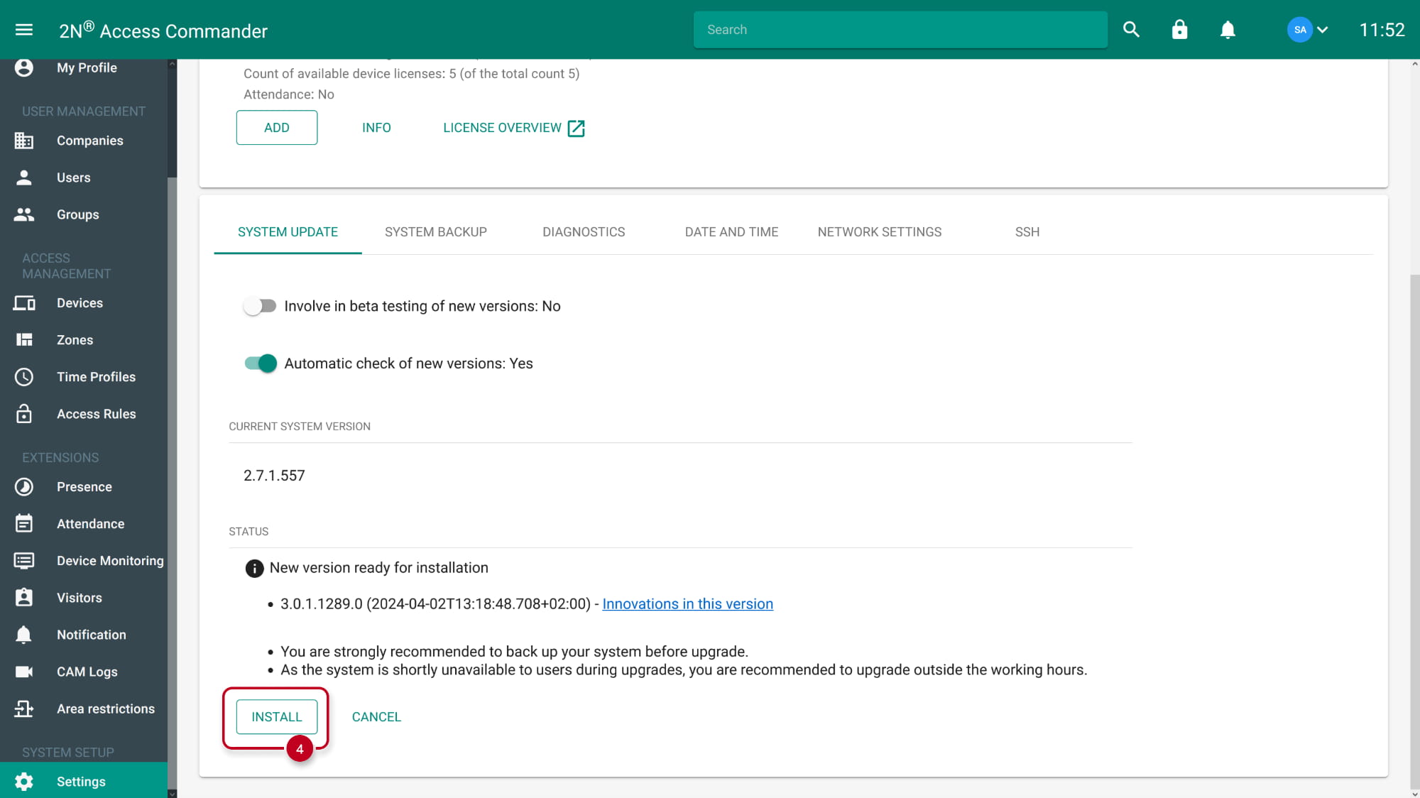 2N Access Commander 2.7 - Settings - System update - Install